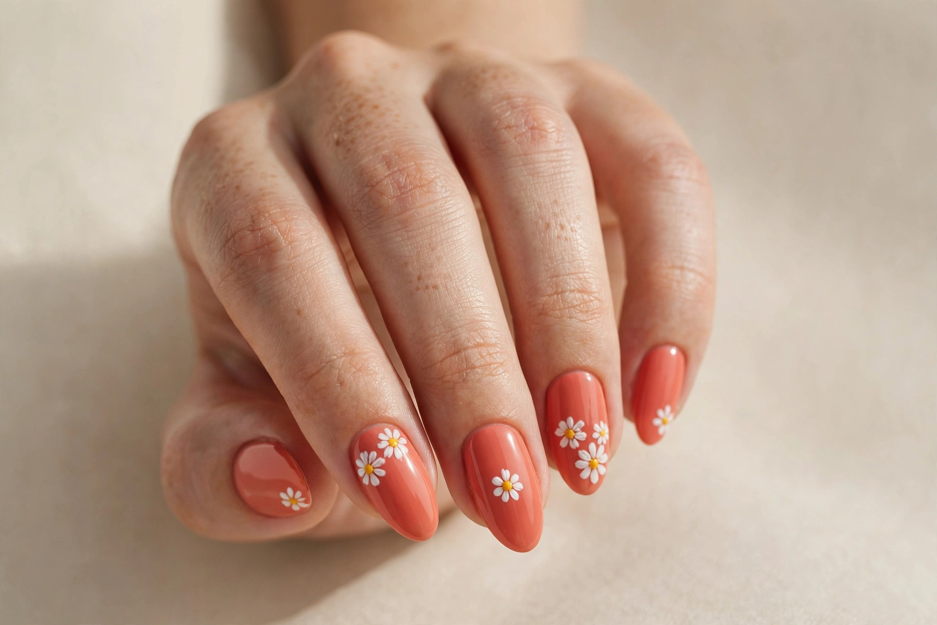 Coral almond nails with white daisy flower nail art