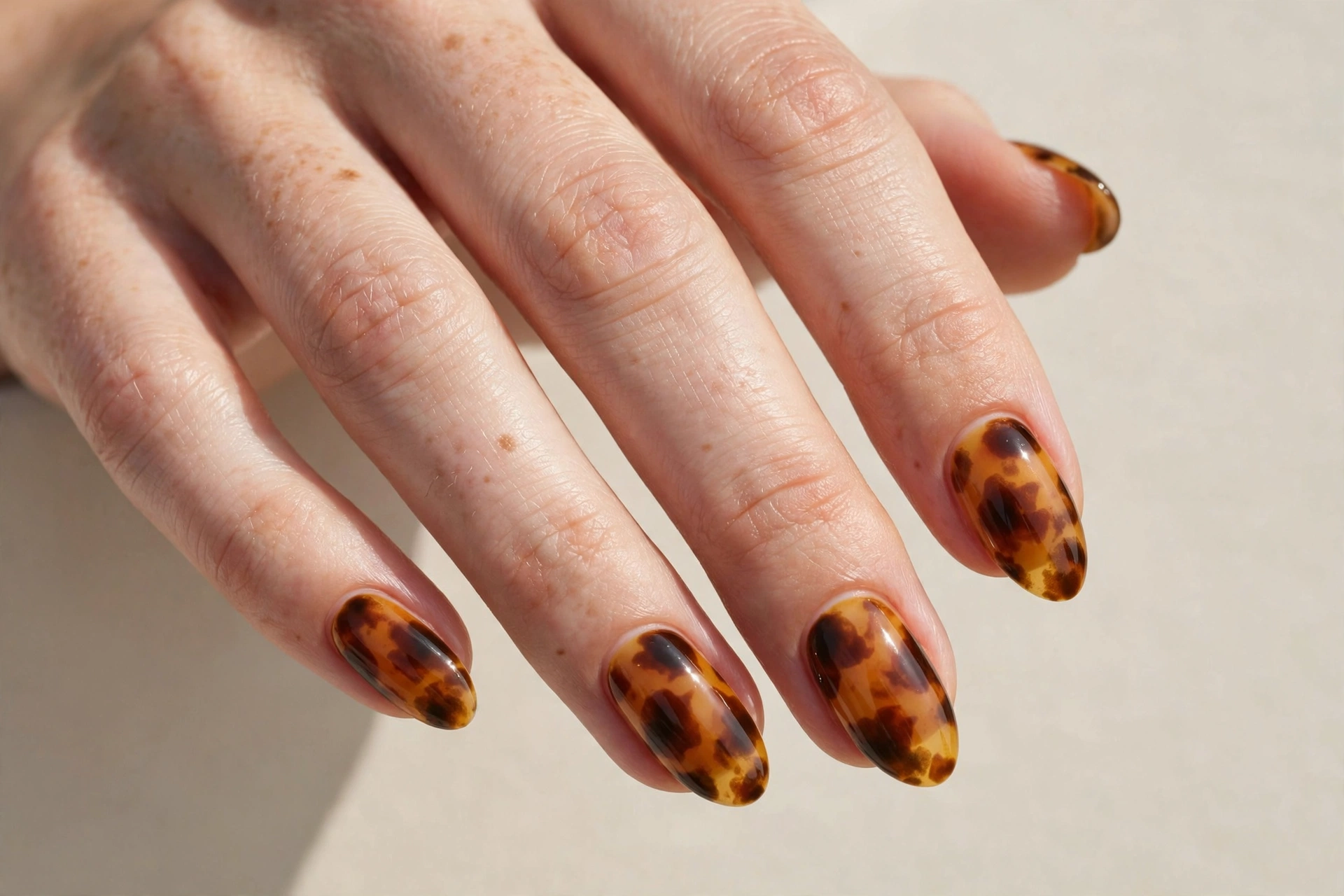 Almond nails with tortoiseshell amber and brown pattern