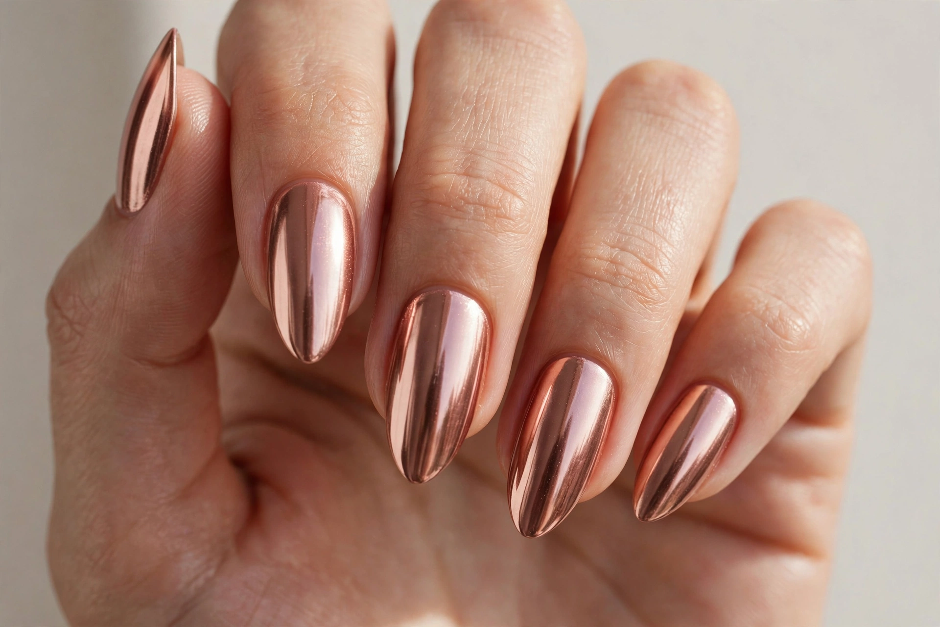 Rose gold chrome mirror almond nails