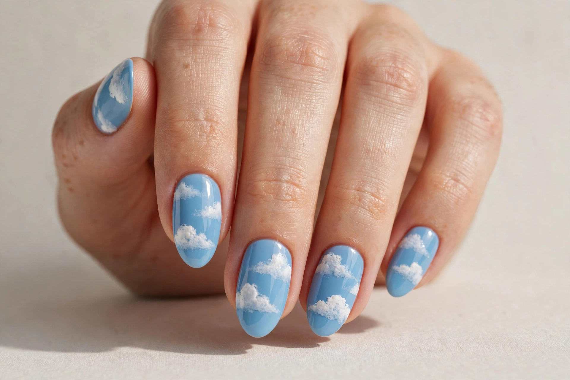 Sky blue almond nails with fluffy white cloud nail art