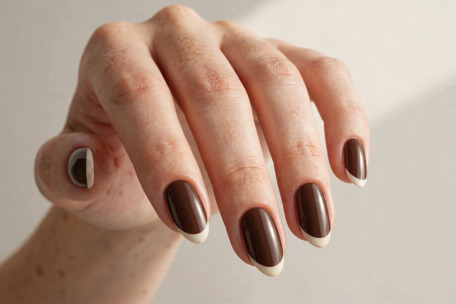 Espresso brown almond nails with cream French tips