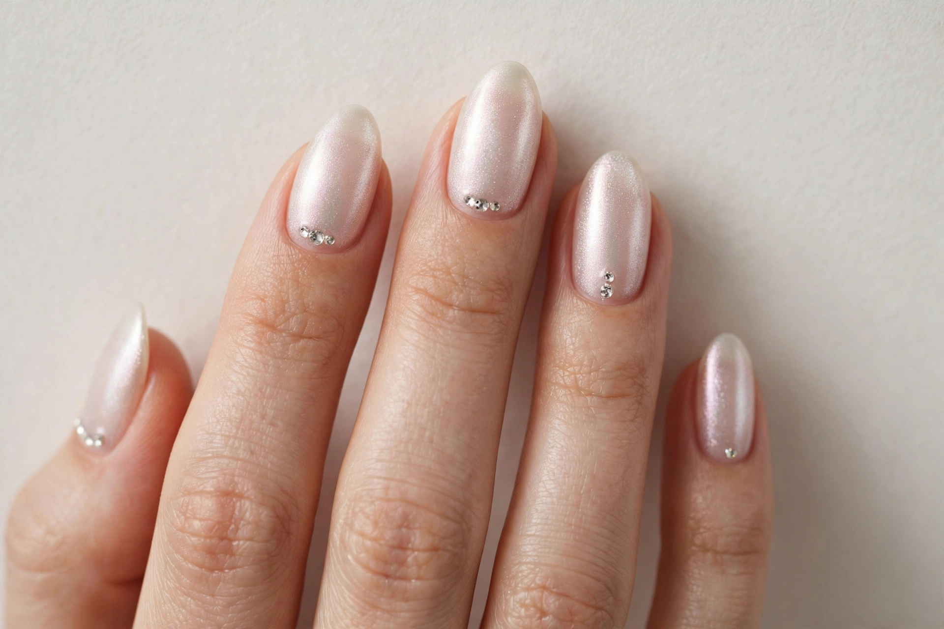 Pearl shimmer almond nails with tiny rhinestone accents