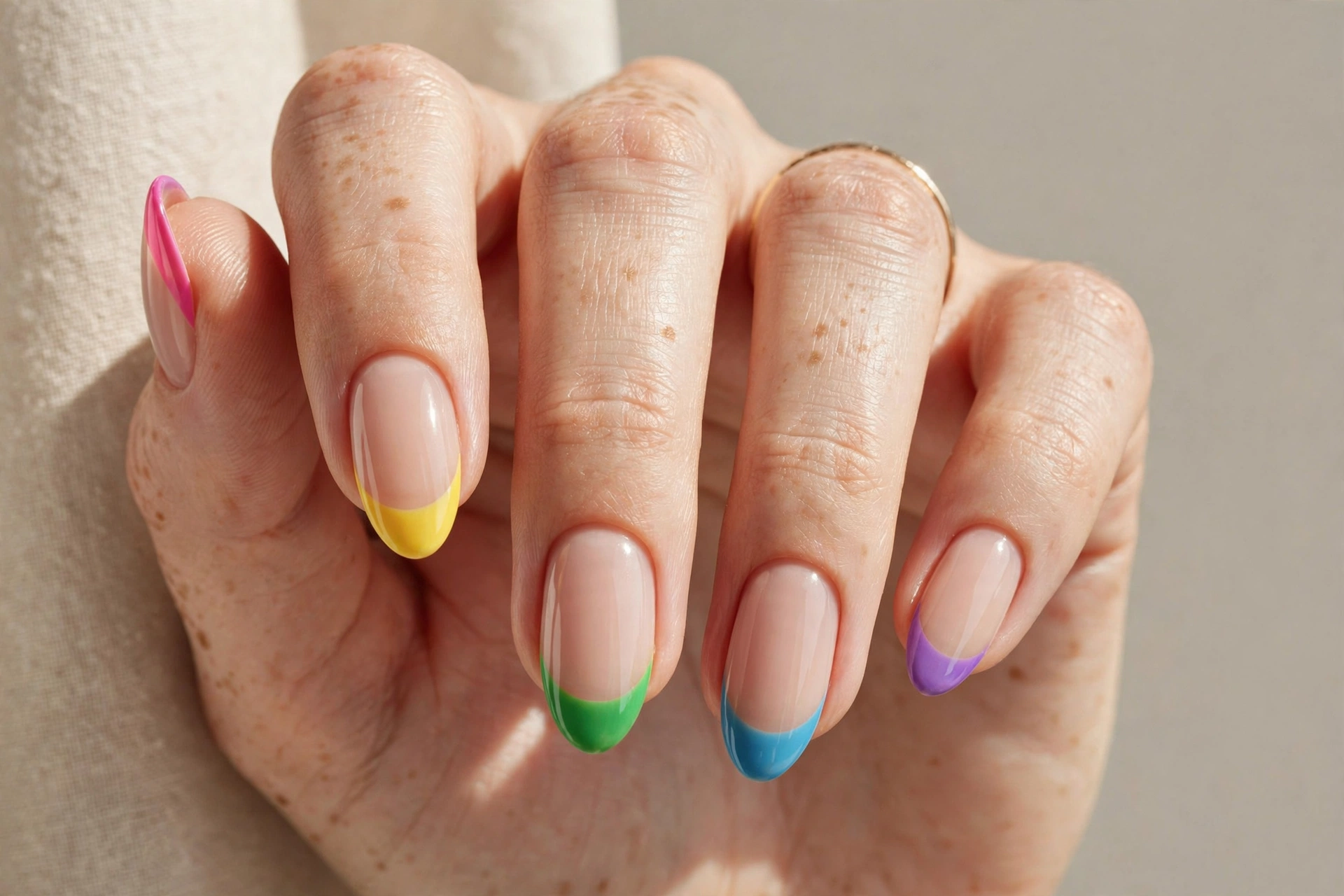 Colorful French tip nail art with bright multicolor tips on a nude base