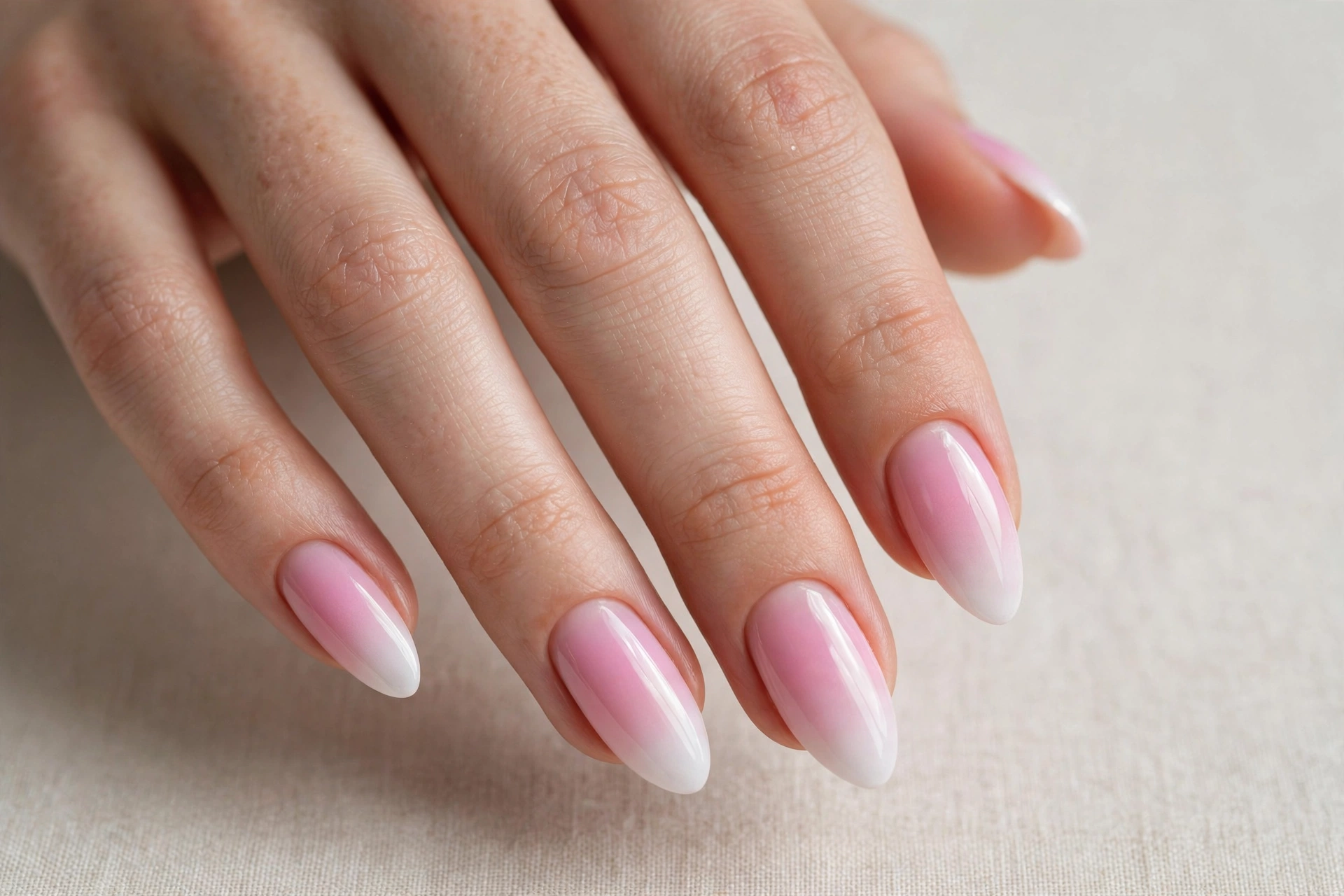 Pink ombre gradient nail art fading from soft pink to white
