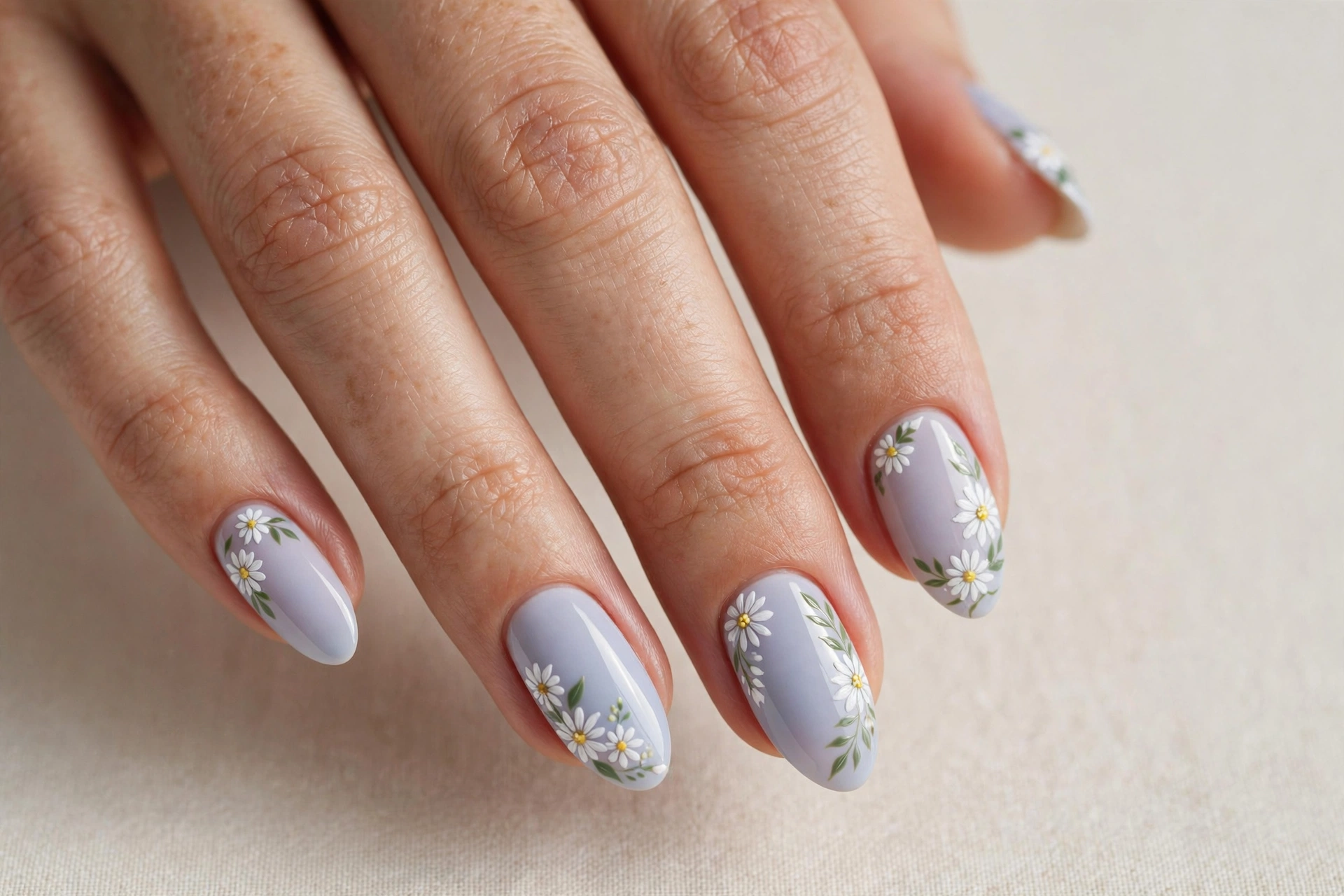 White daisy floral nail art on a pastel base