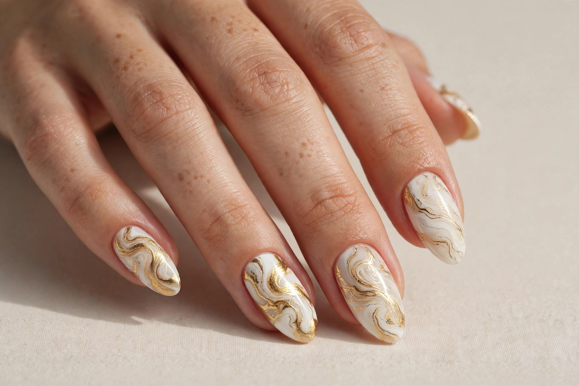 White and gold marble swirl nail art