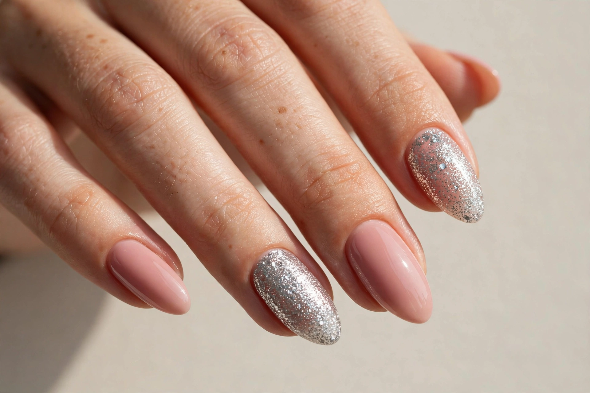 Nude pink manicure with silver glitter accent nail art