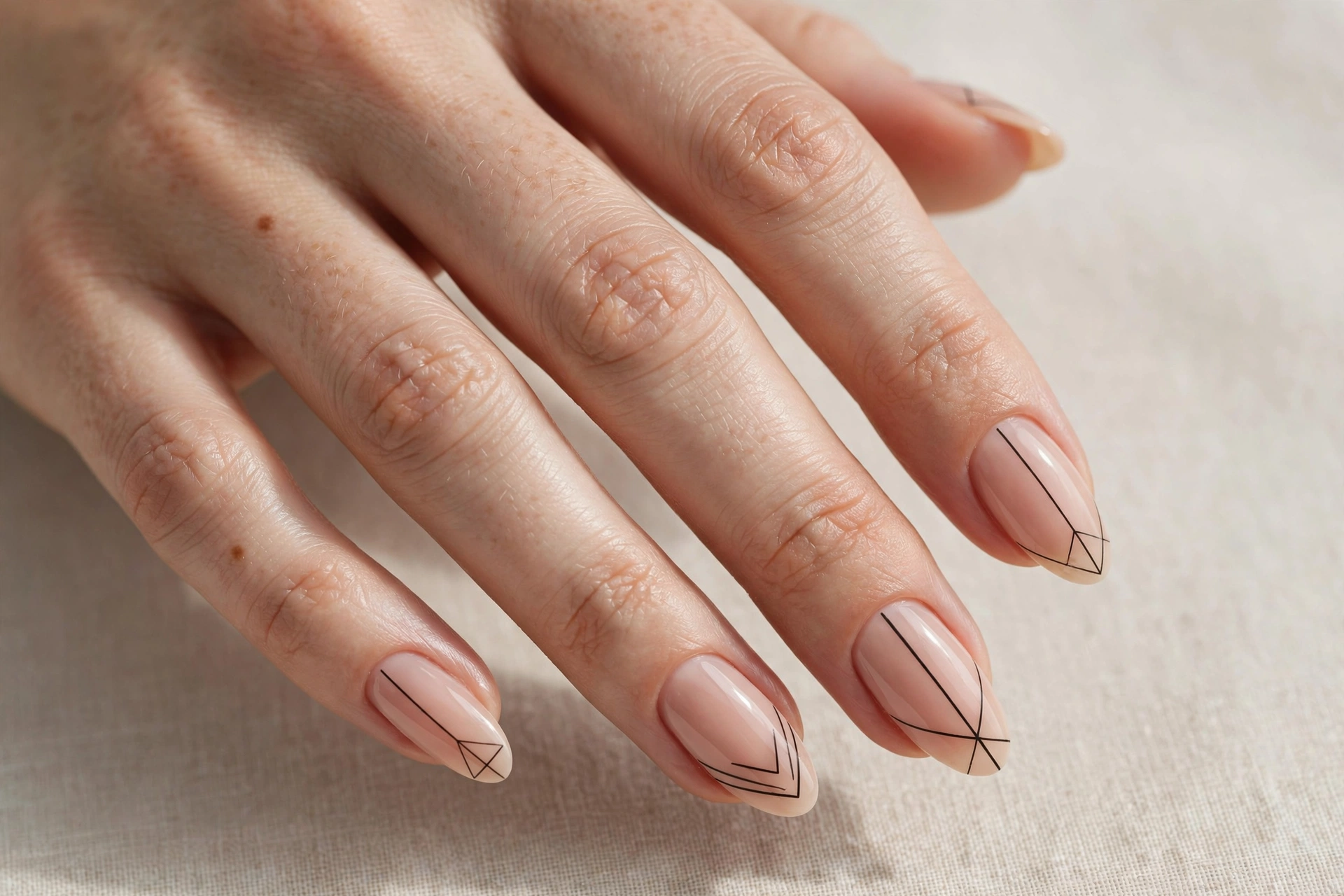 Minimalist black geometric line nail art on a nude base