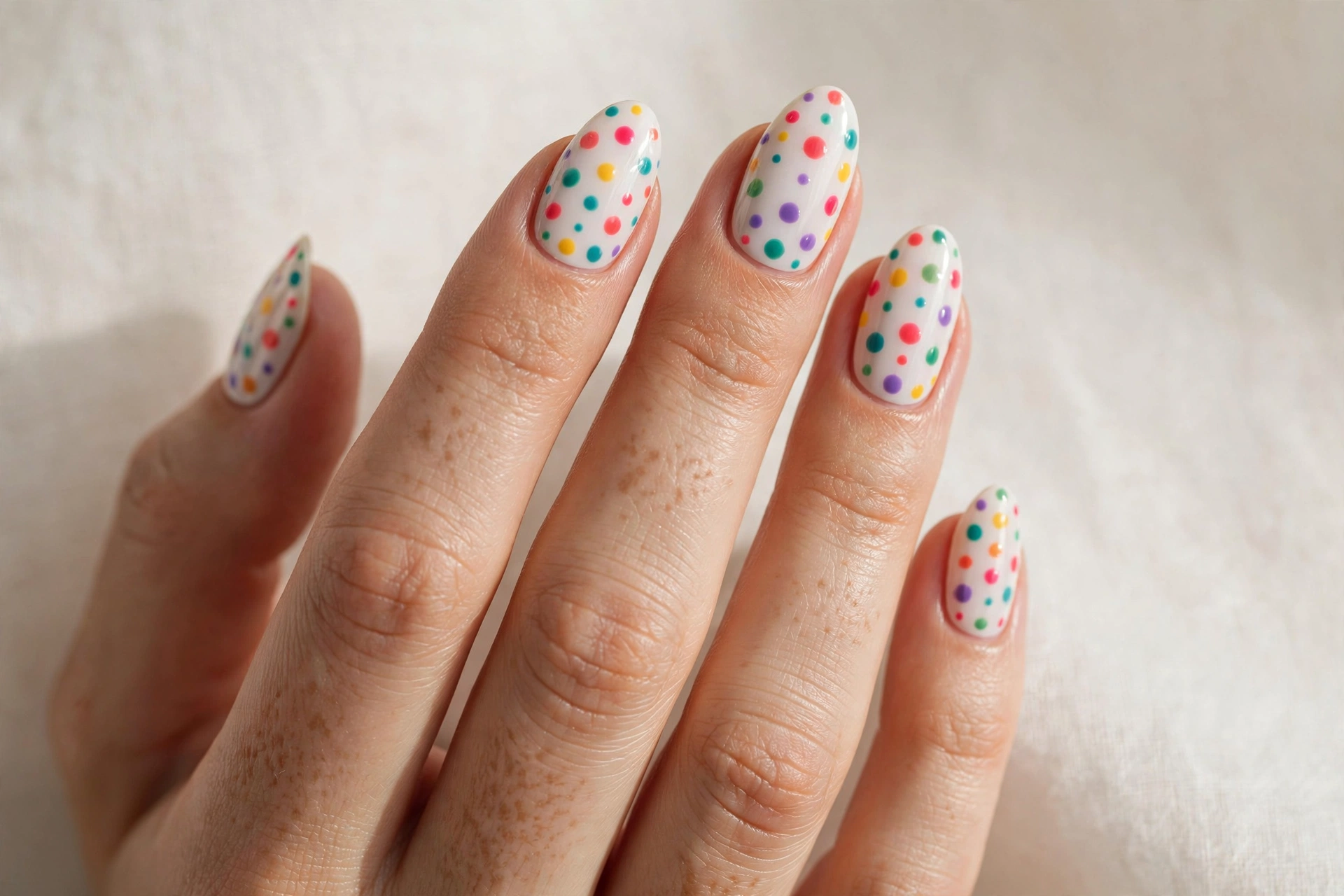 Colorful polka dot nail art on a white base