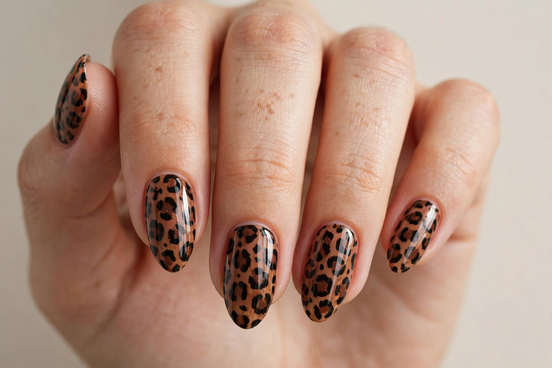 Leopard print nail art in brown and black tones