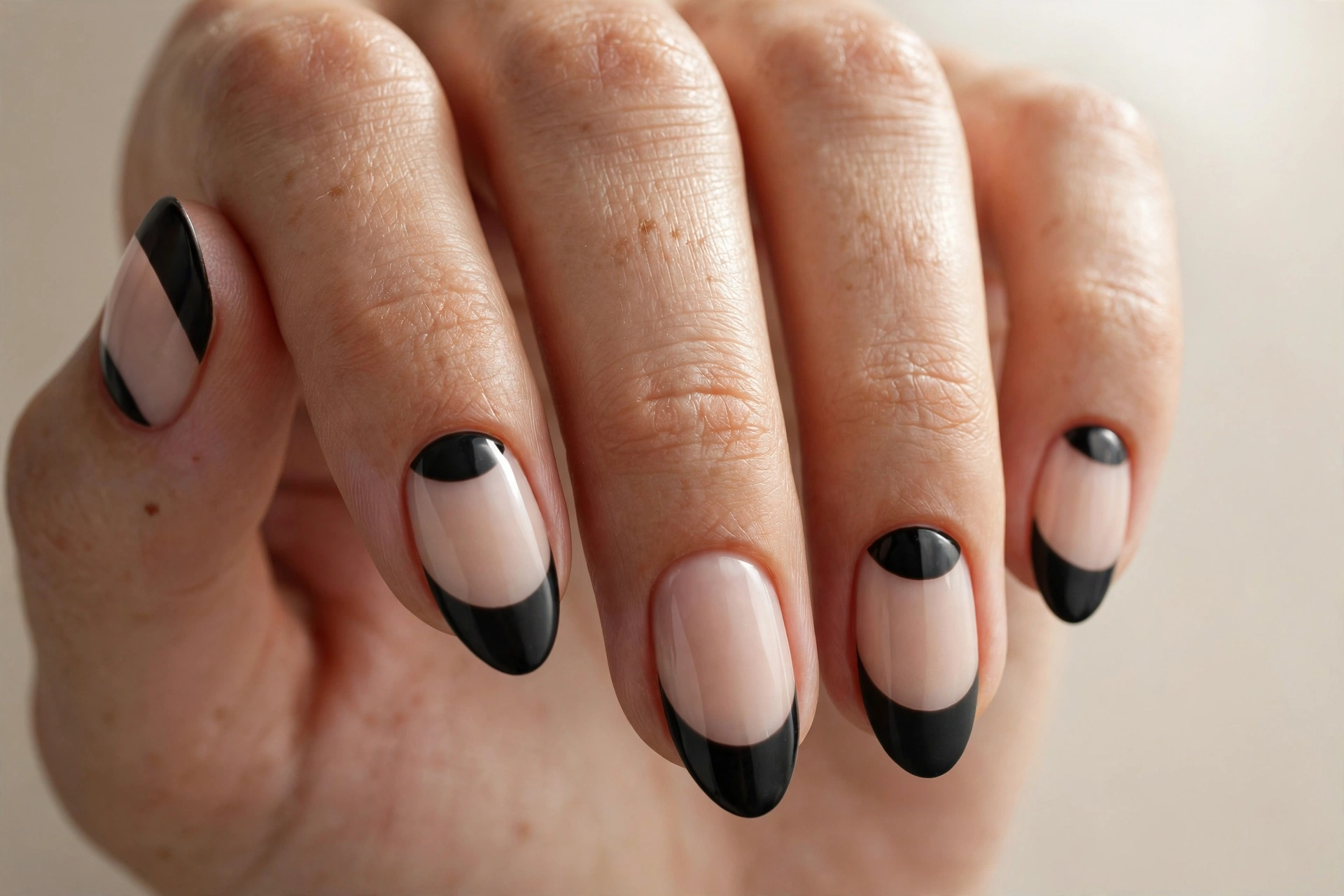 Negative space nail art with beige and black half-moon cutouts