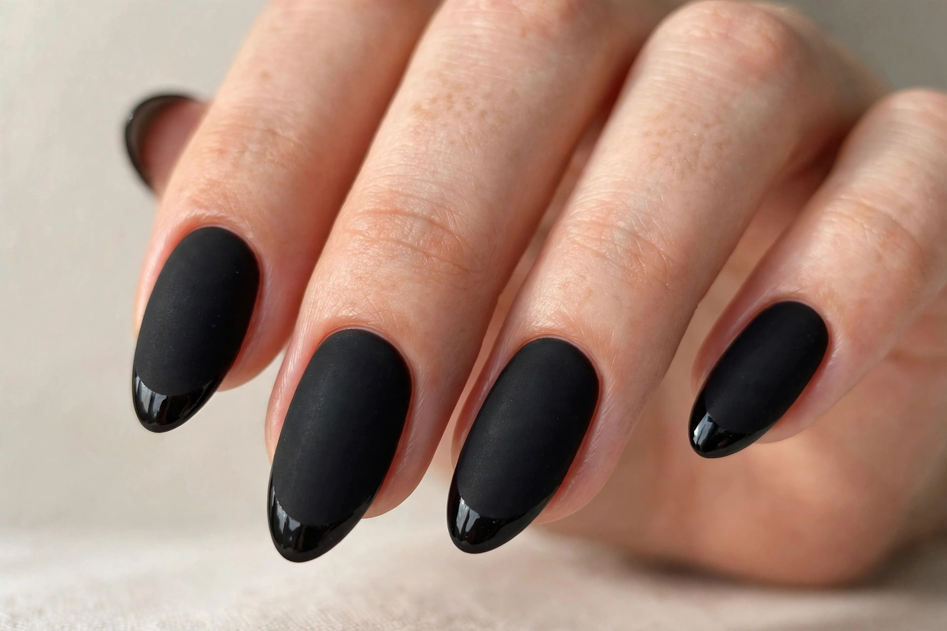 Matte black nail art with glossy black French tips