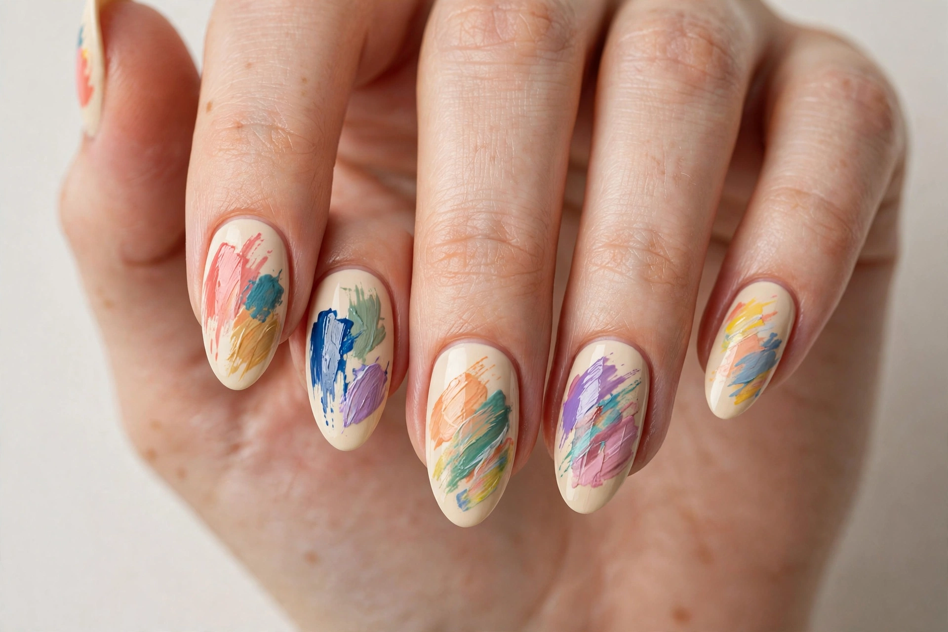 Abstract colorful brush stroke nail art on a cream base