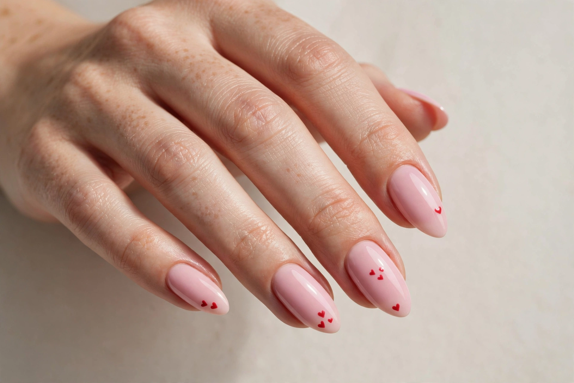 Tiny red heart nail art details on a pink base
