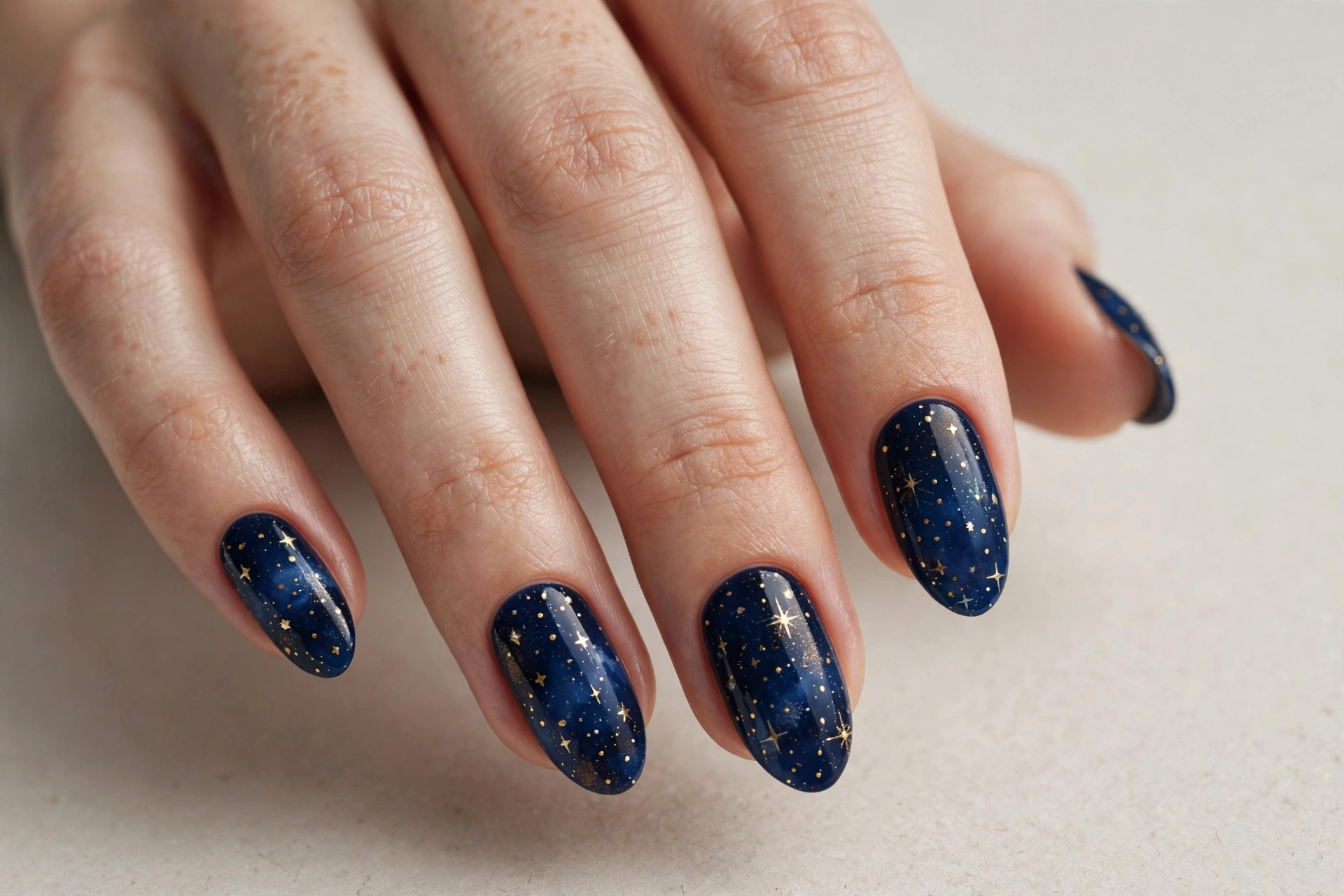 Midnight blue starry night sky nail art with gold stars