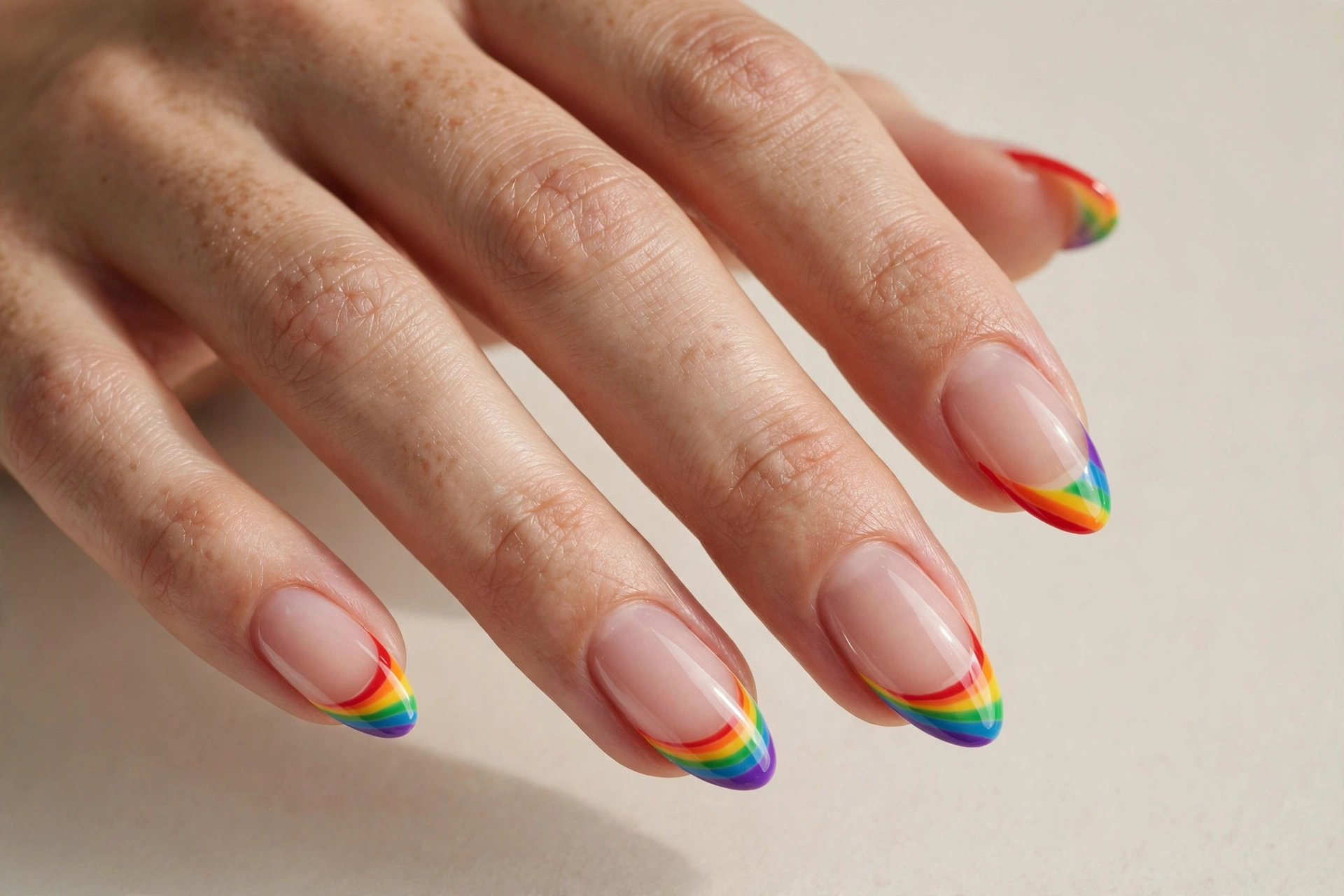 Rainbow colored French tip nail art on a clear base