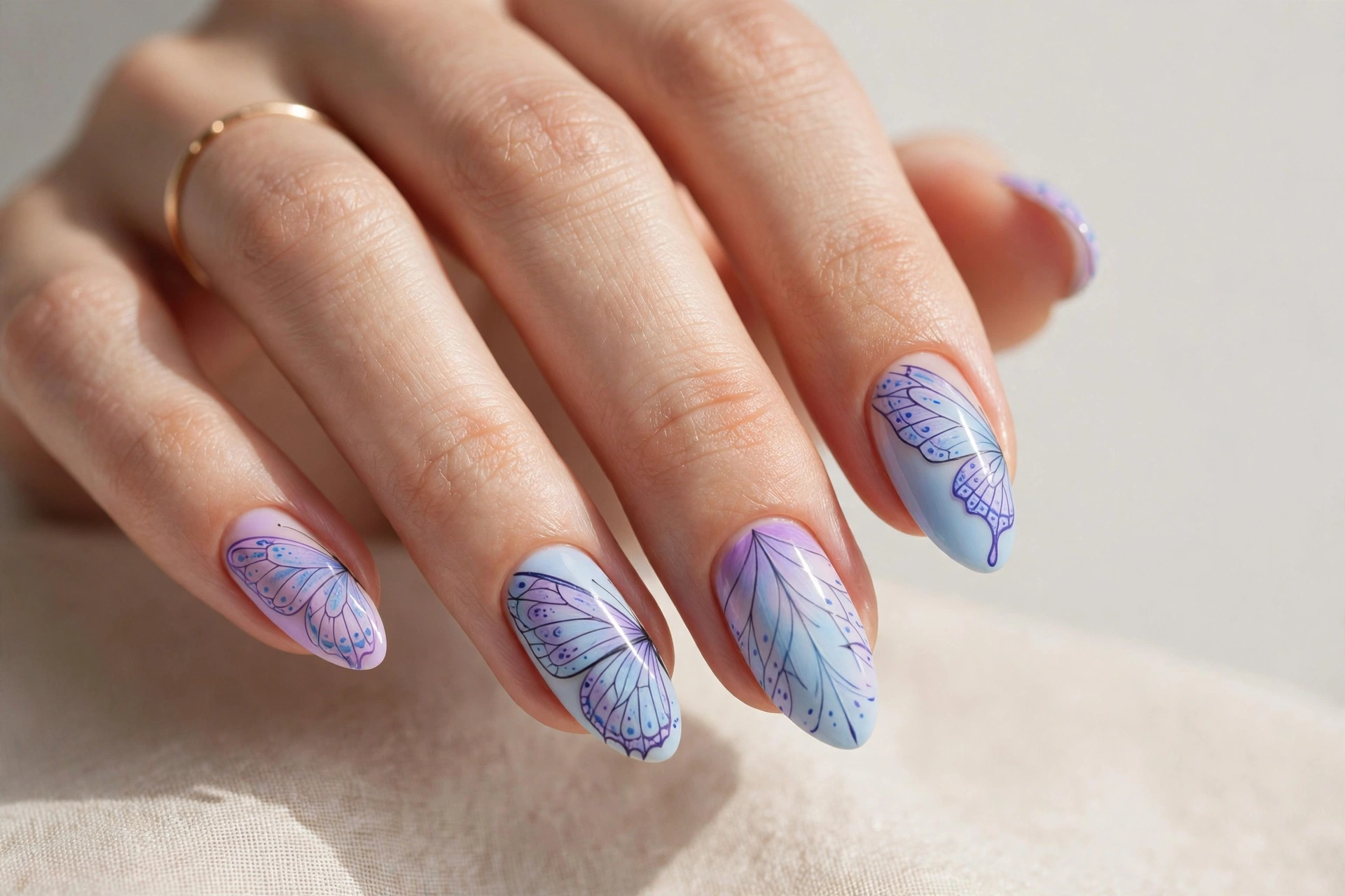 Delicate butterfly wing nail art in pastel blue and purple