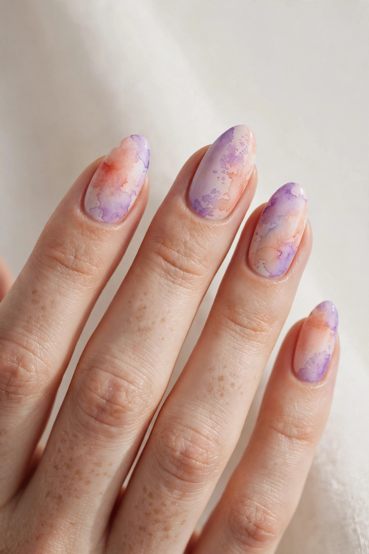 Soft watercolor wash nail art blending lavender and peach tones
