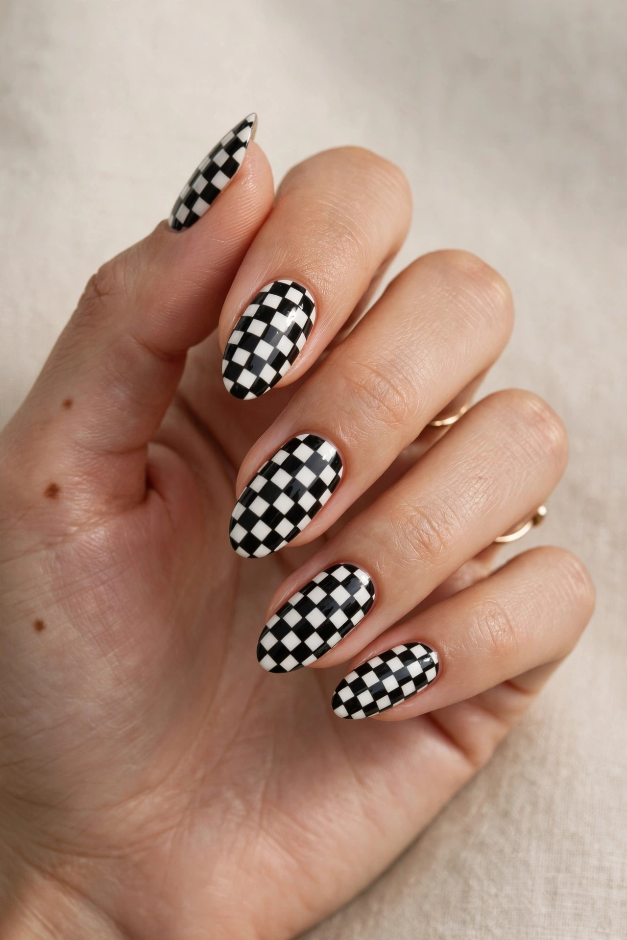 Black and white checkerboard nail art