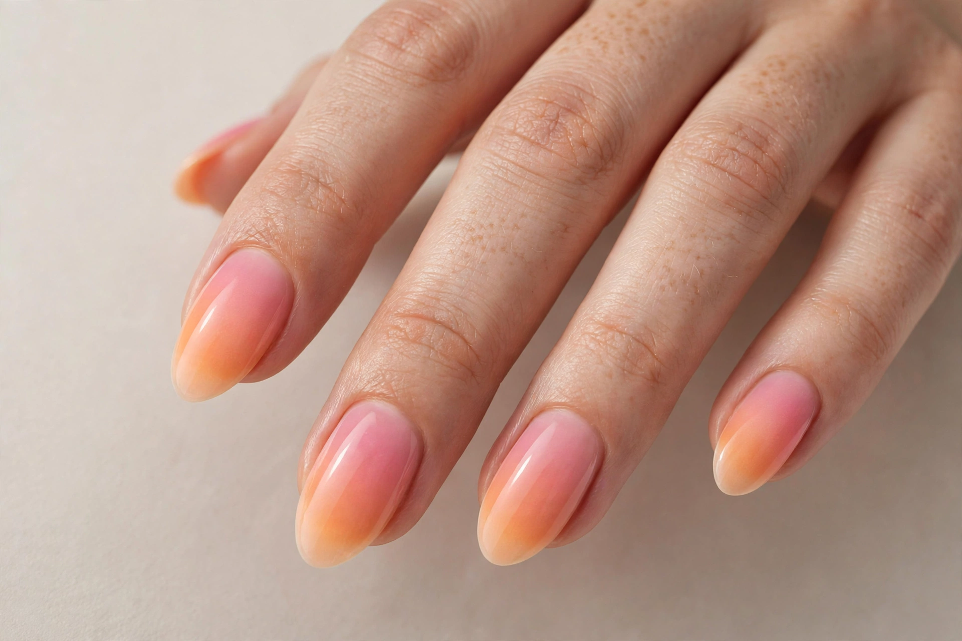 Soft aura glow gradient nail art in warm pink and orange tones