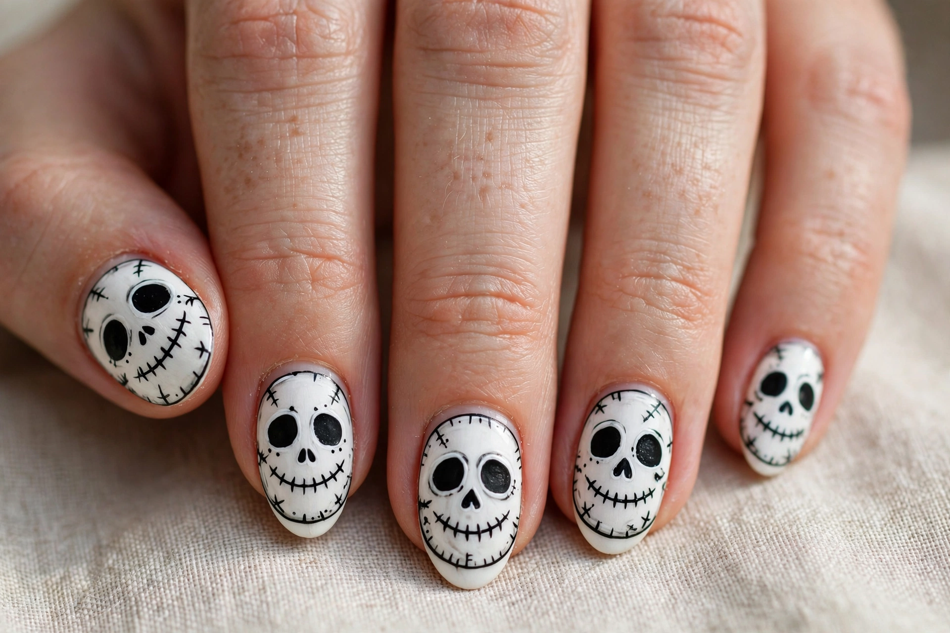 White nails with black stitched skull faces and hollow eyes