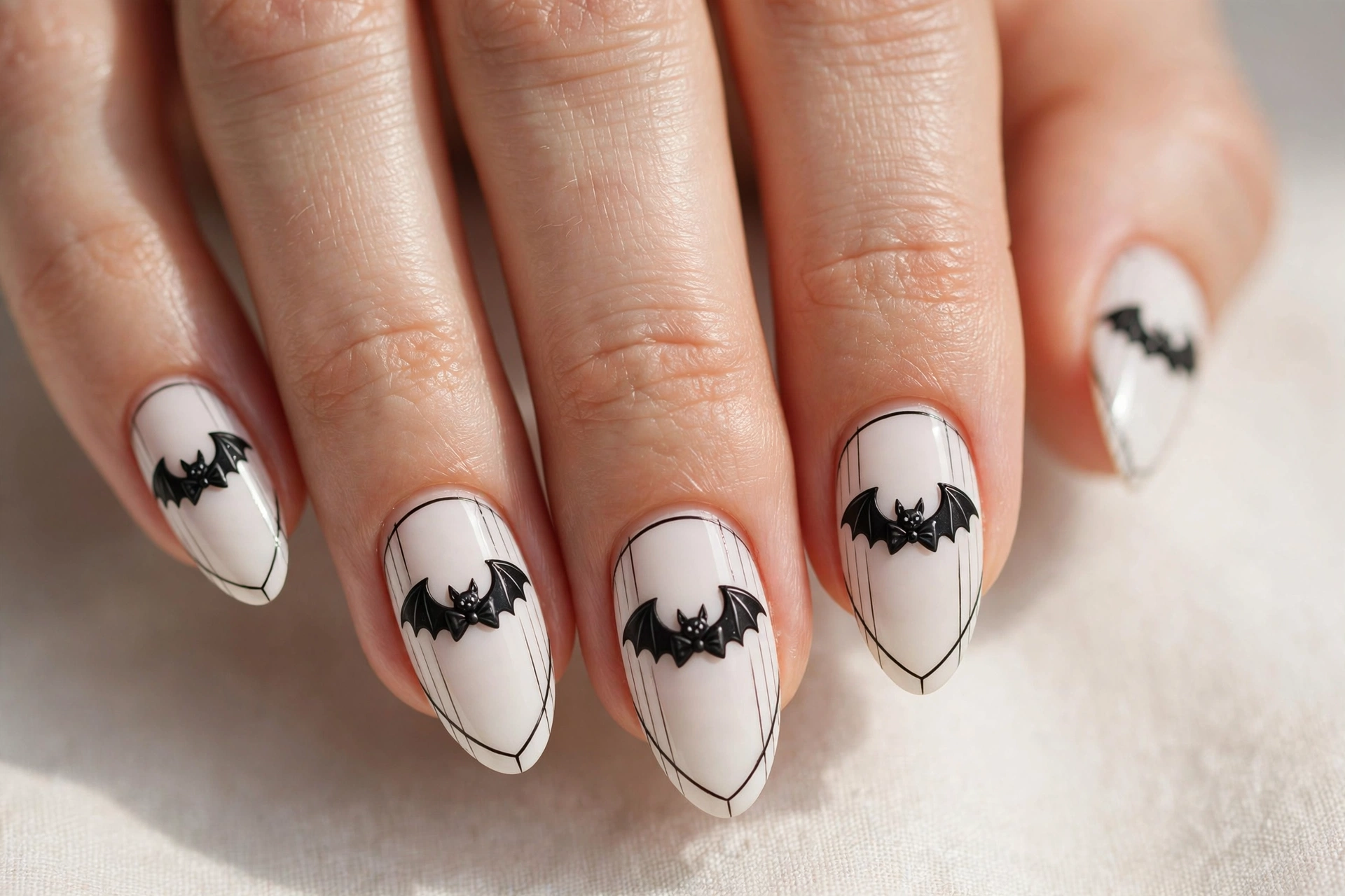 White nails with small black bat-shaped bowties and pinstripe accents