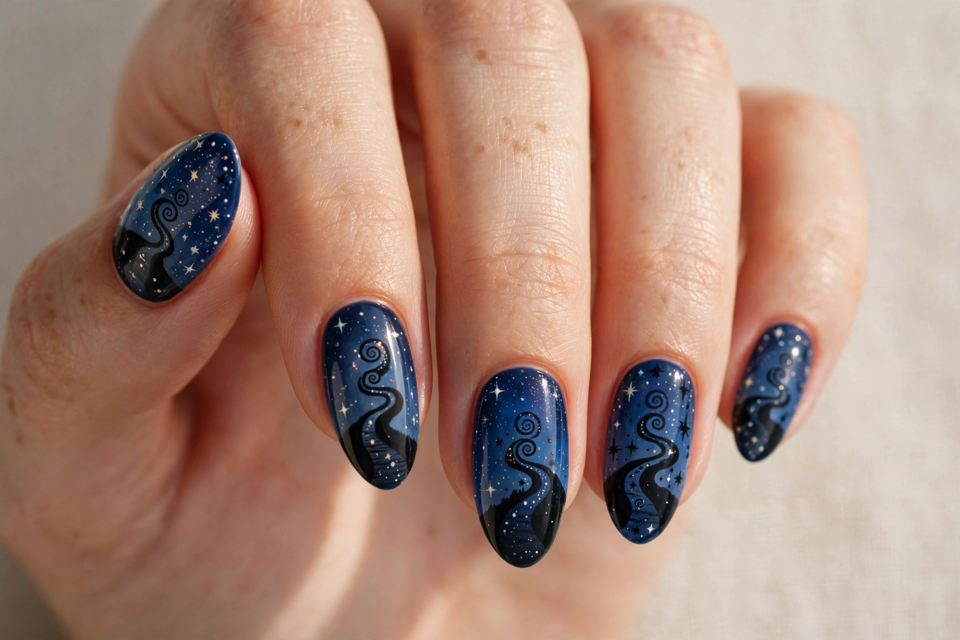 Dark blue nails with spiral hill silhouette and tiny stars