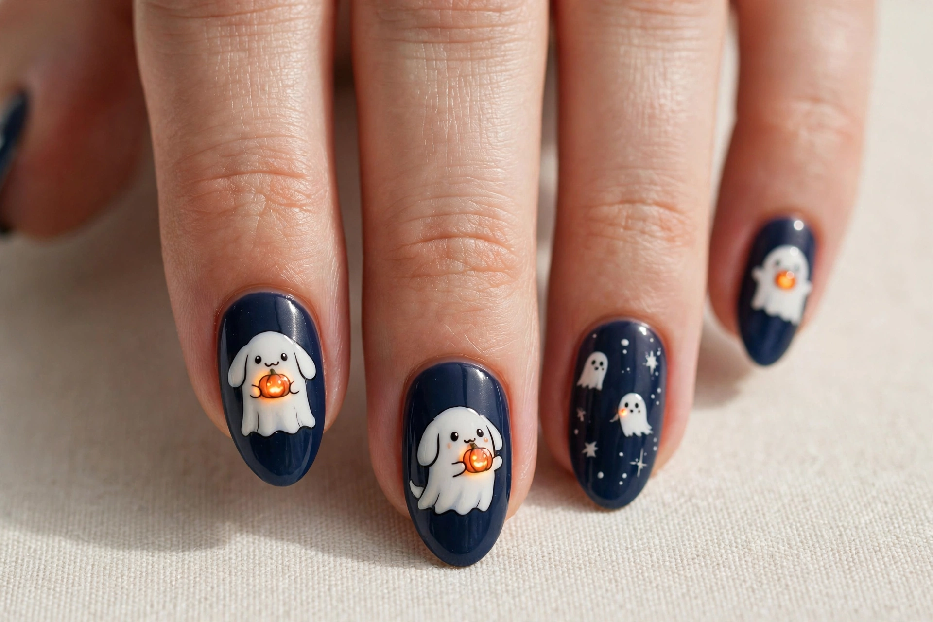Dark navy nails with a white ghost dog and glowing orange nose