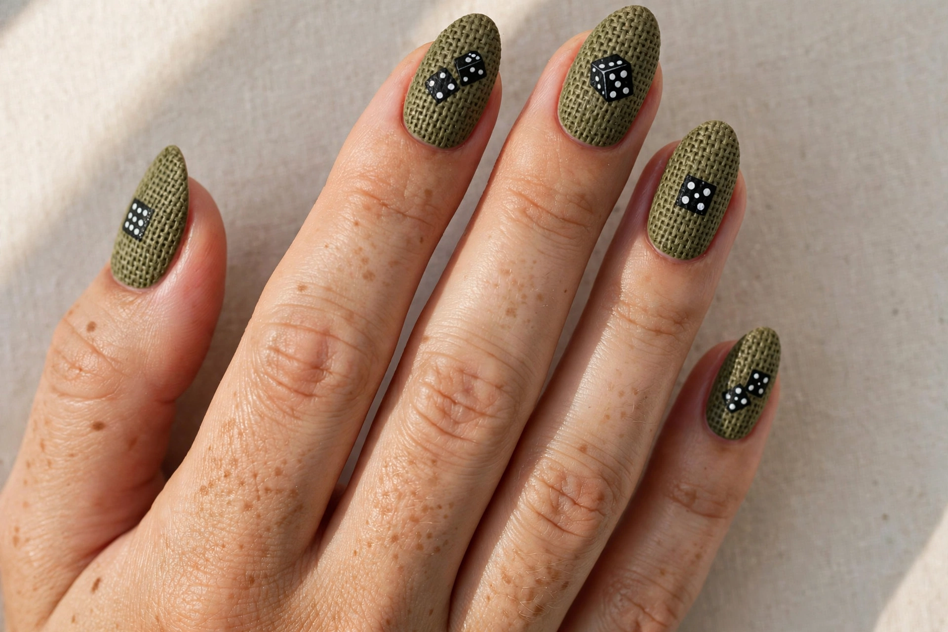 Olive green nails with burlap texture and black dice motifs