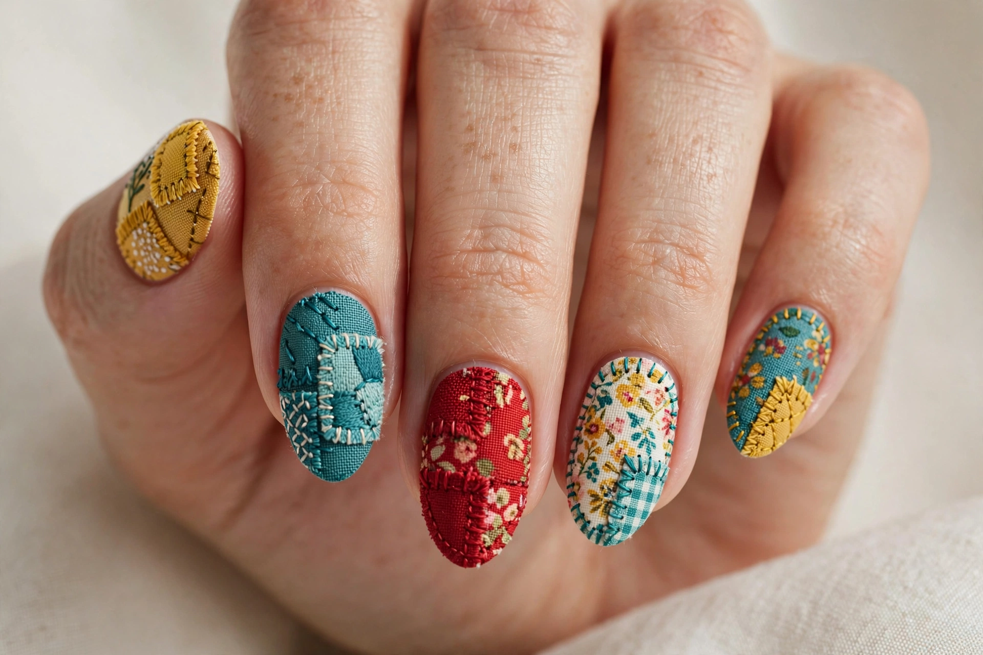 Nails painted as colorful stitched fabric patches