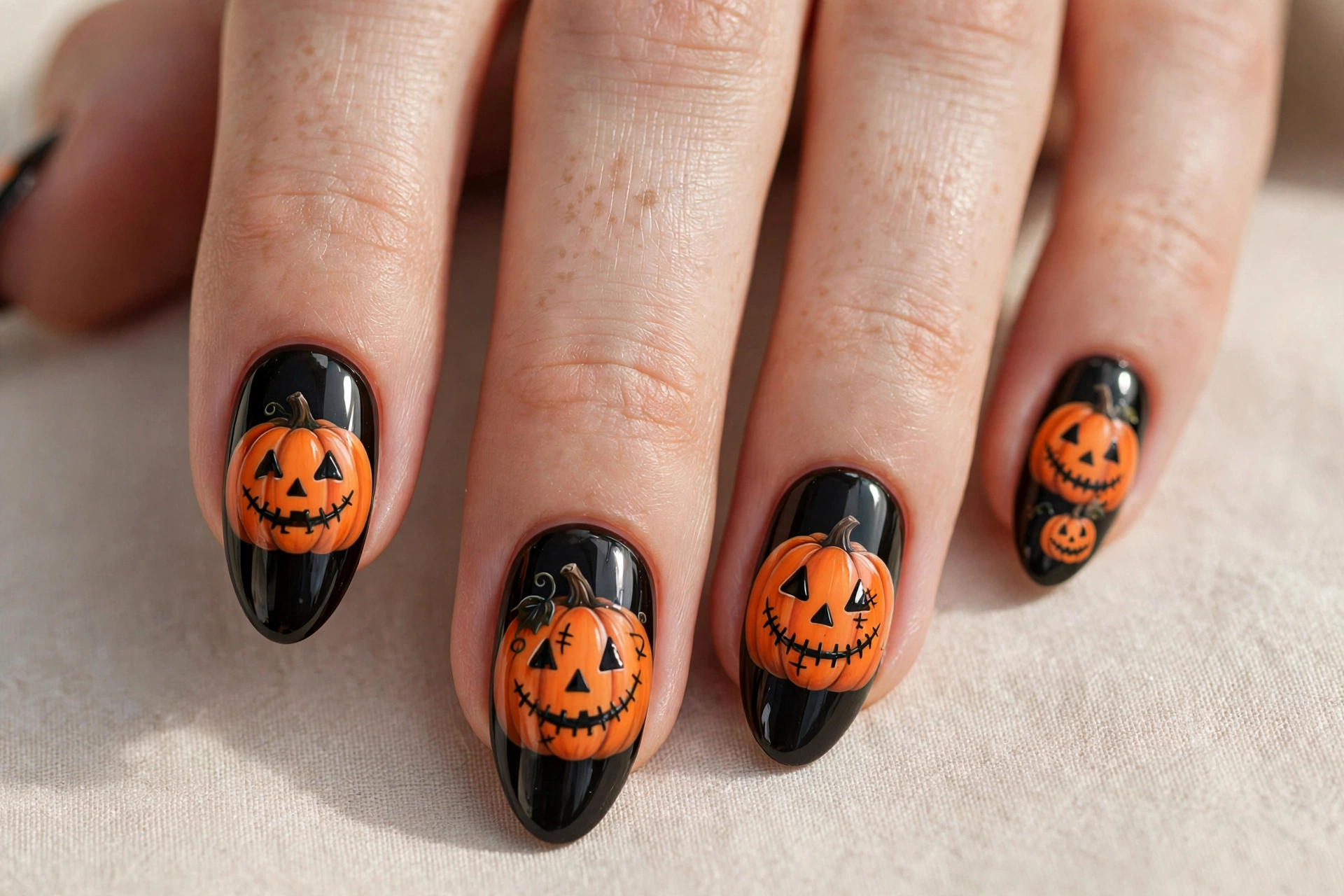 Black nails with orange pumpkins with stitched grins