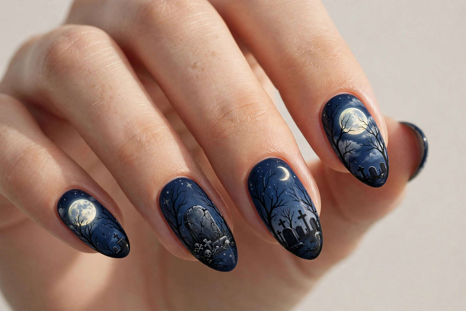 Midnight blue nails with glowing moon and tombstone silhouettes