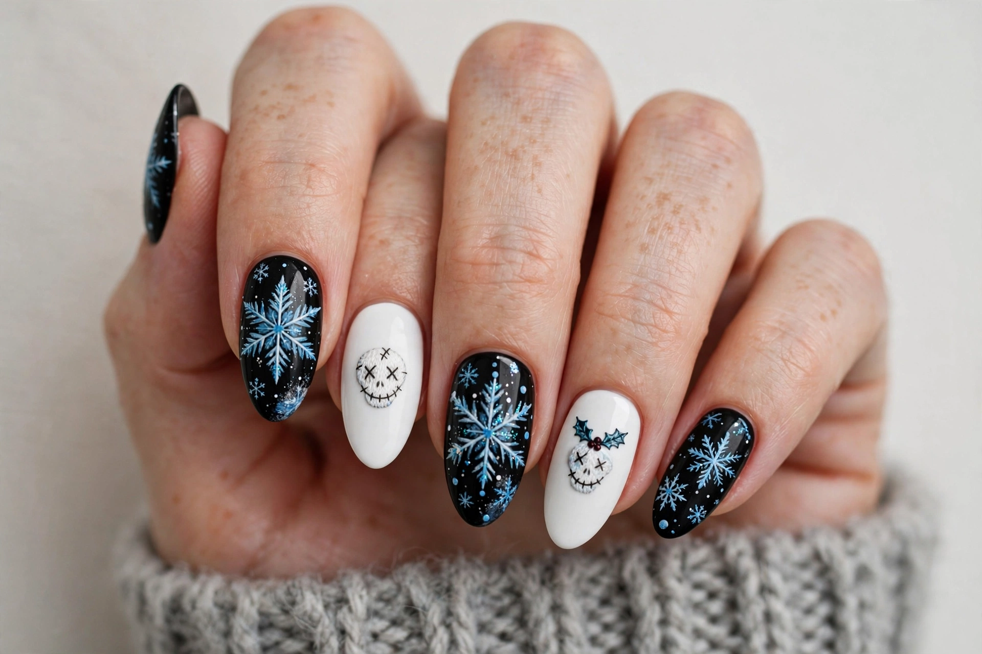 Black and white nails with icy blue snowflakes and stitched skull faces