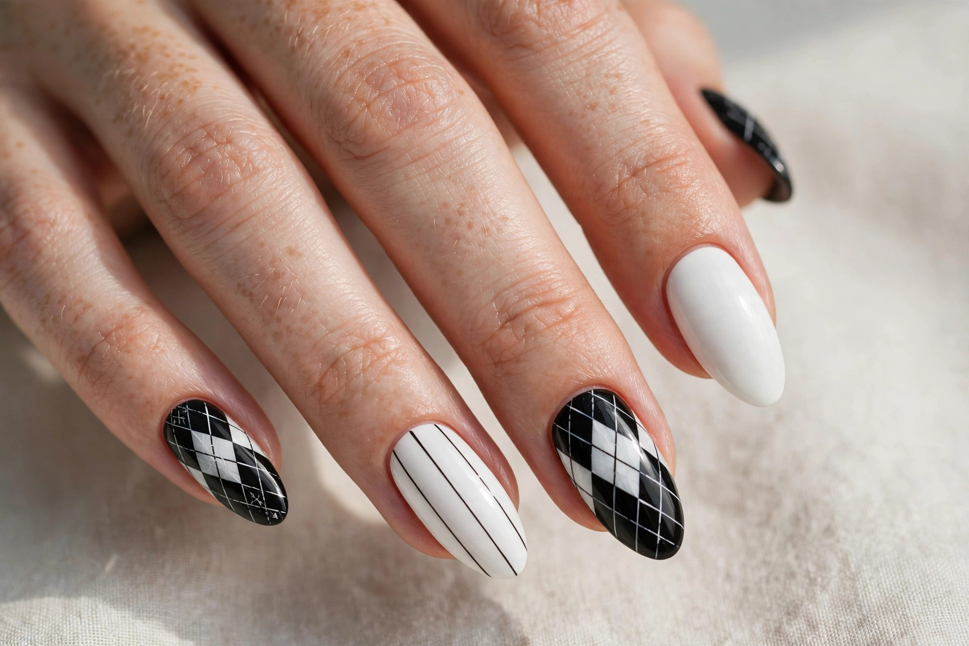 Black and white argyle diamond pattern nails with pinstripe lines