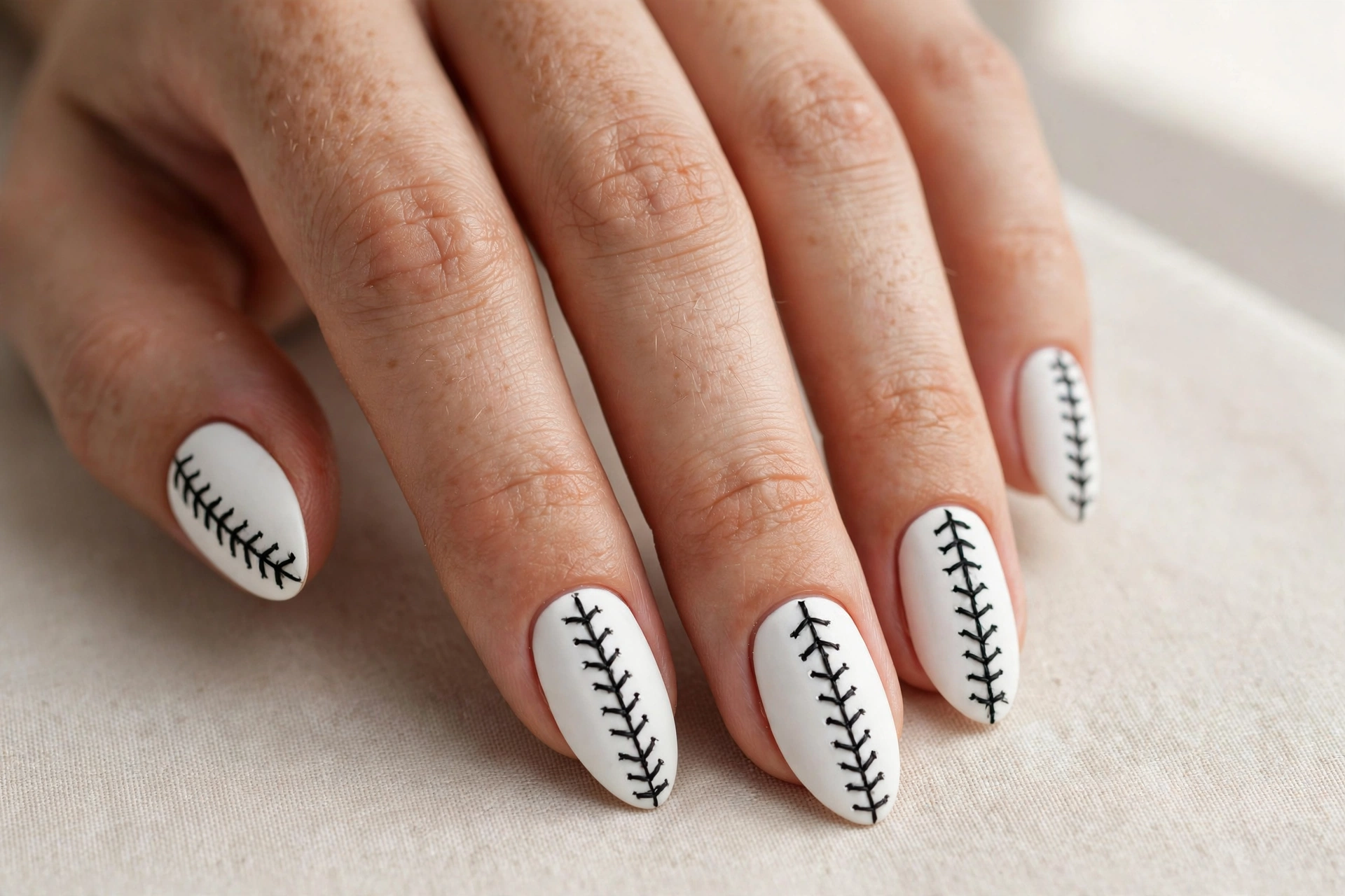 White nails with black baseball-style stitch seams down the center