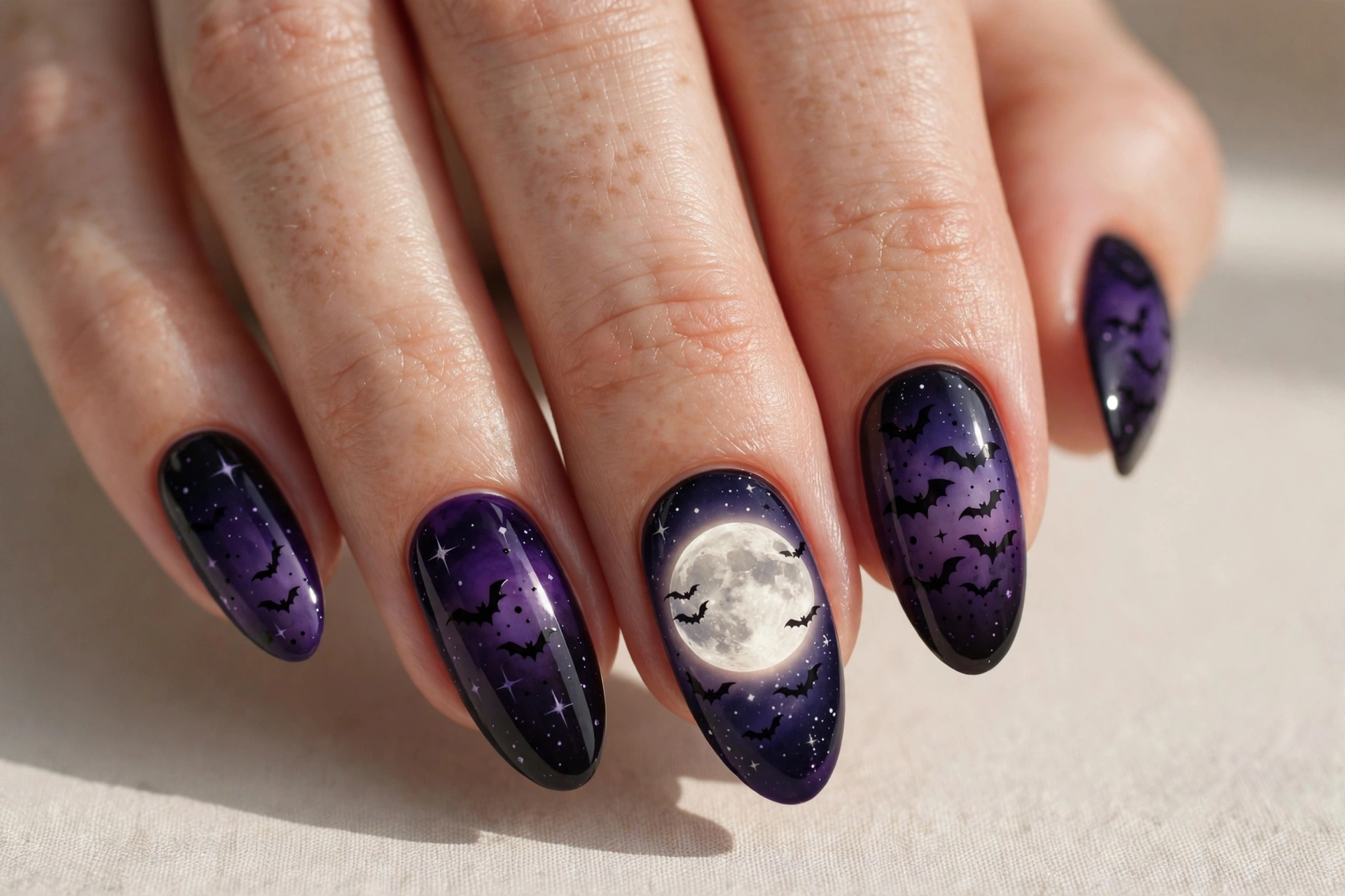 Purple-black gradient nails with a large pale moon and bat silhouettes