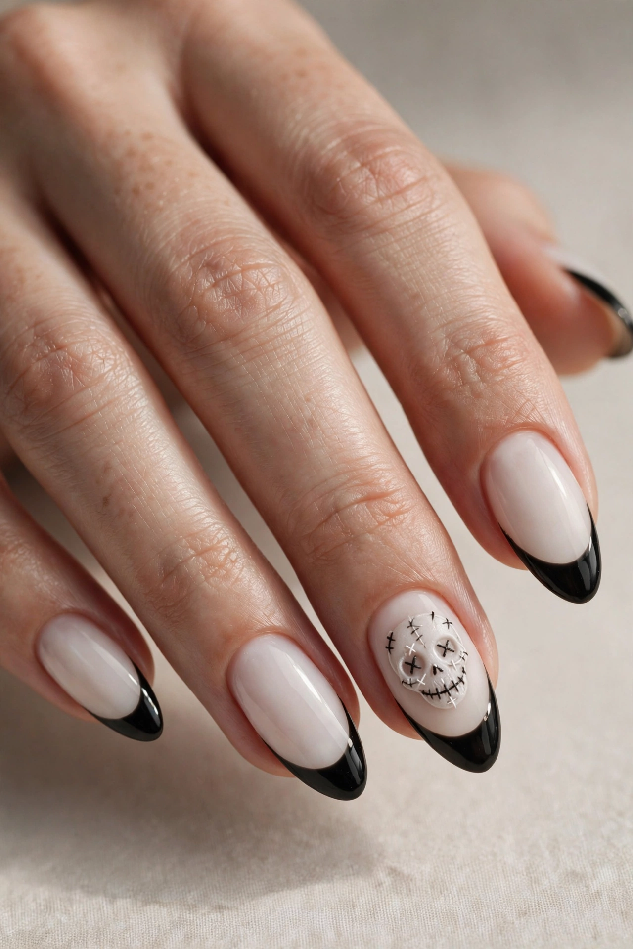 Milky white nails with black french tips and a stitched skull accent