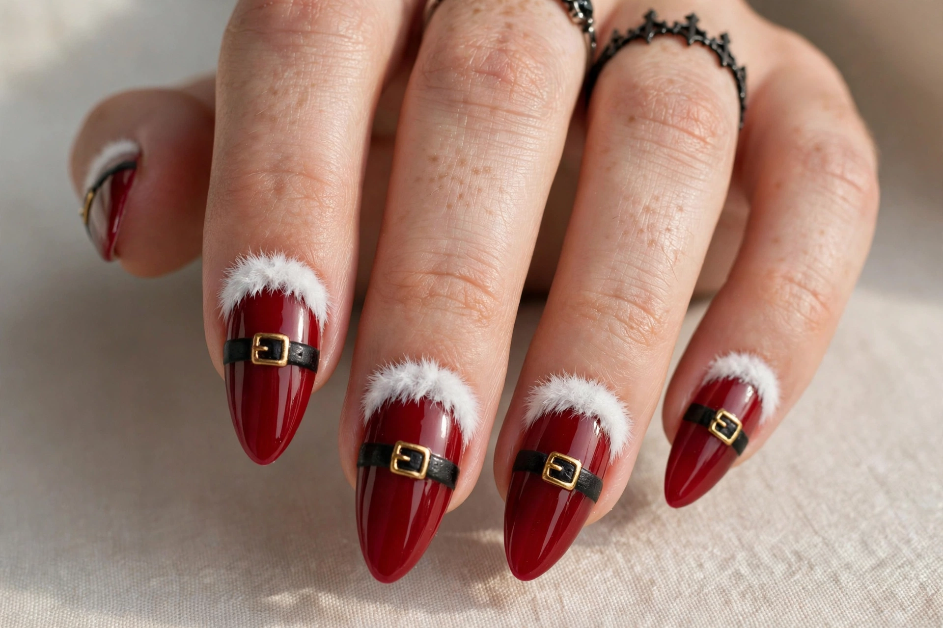 Red nails with white fur trim and black belt with gold buckle
