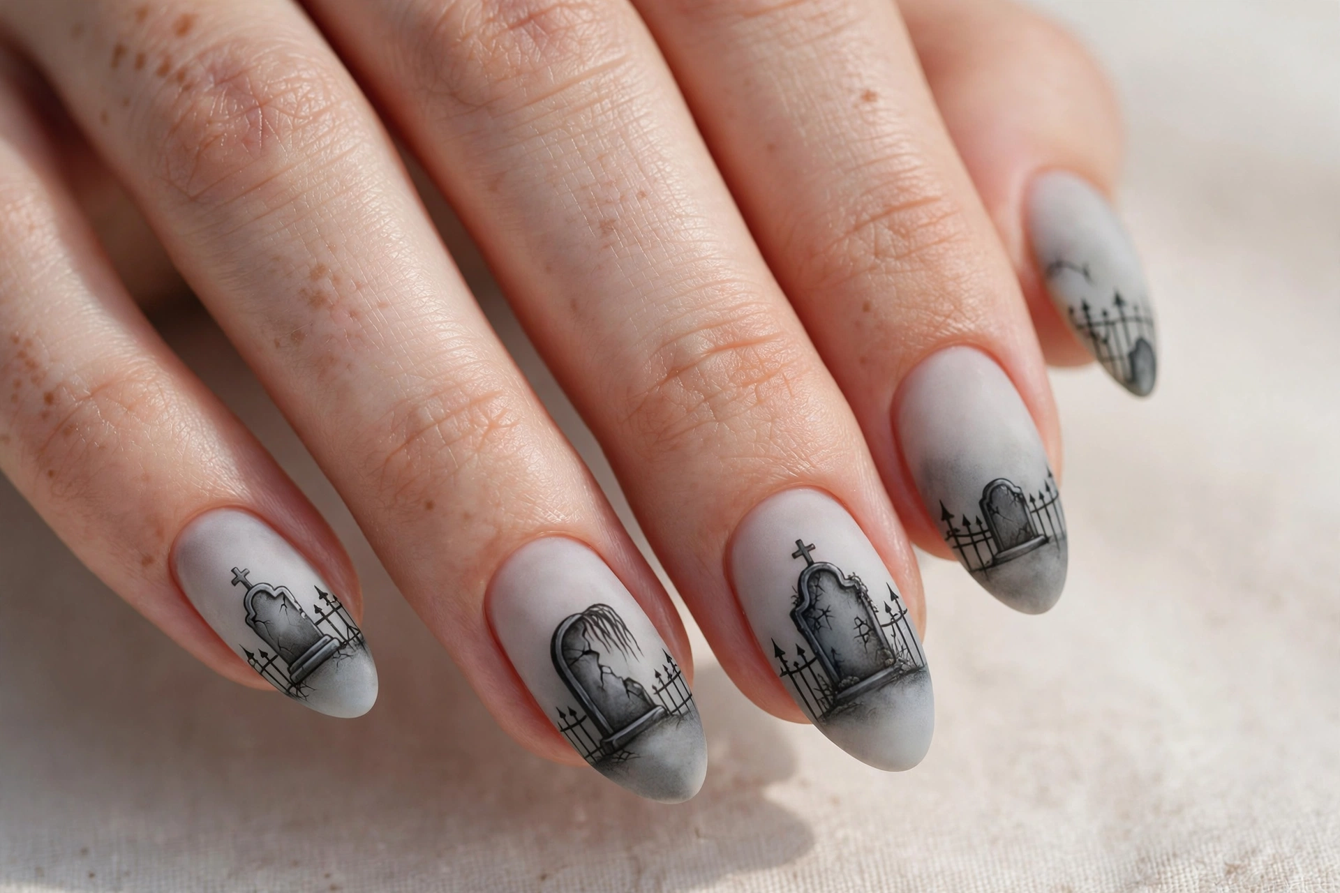 Foggy gray nails with tombstone and iron fence silhouettes