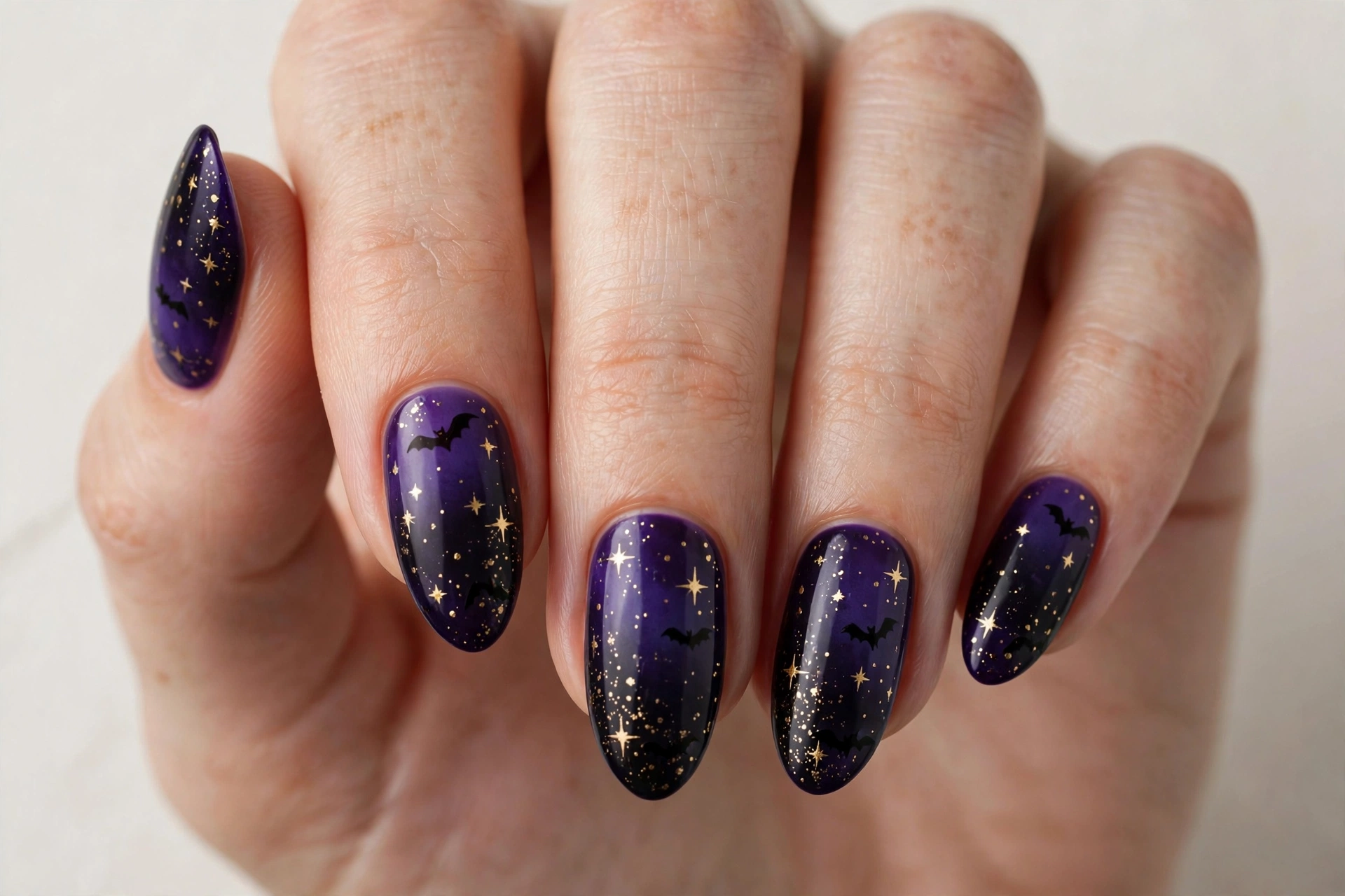 Violet to black gradient nails with gold stars and bat silhouettes