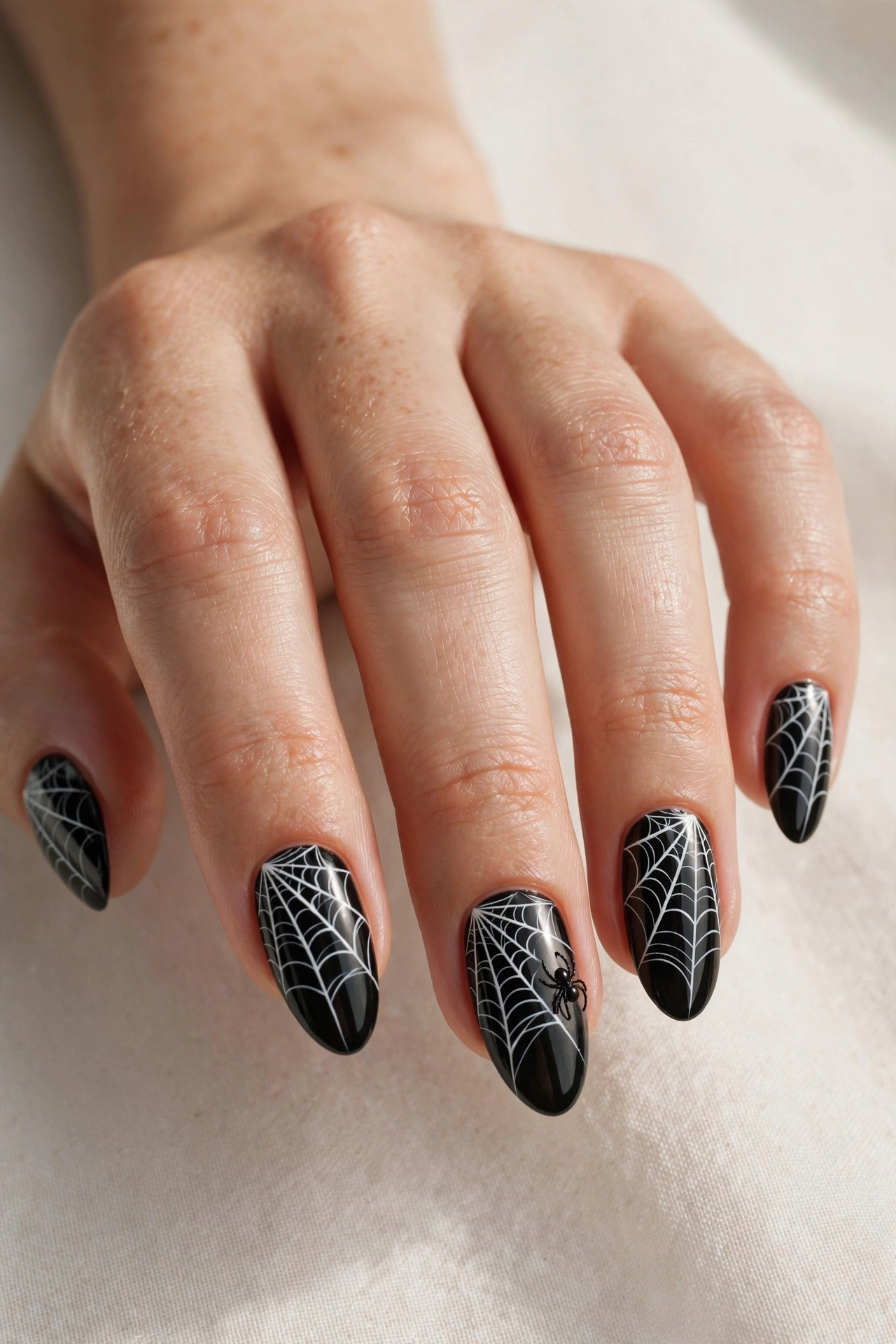 Glossy black nails with white spiderweb lines and a tiny spider