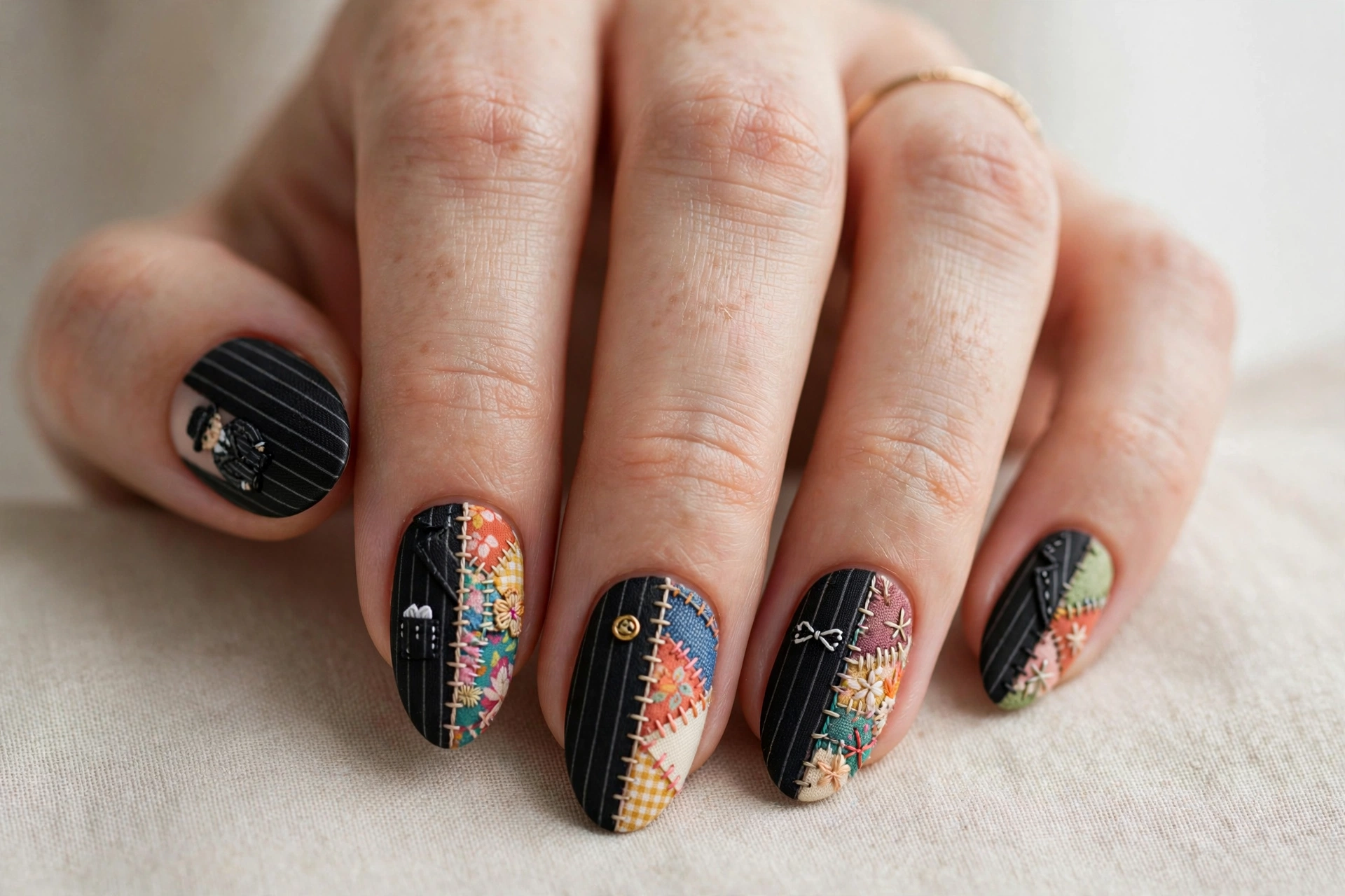 Nails split between black pinstripe and colorful patchwork designs