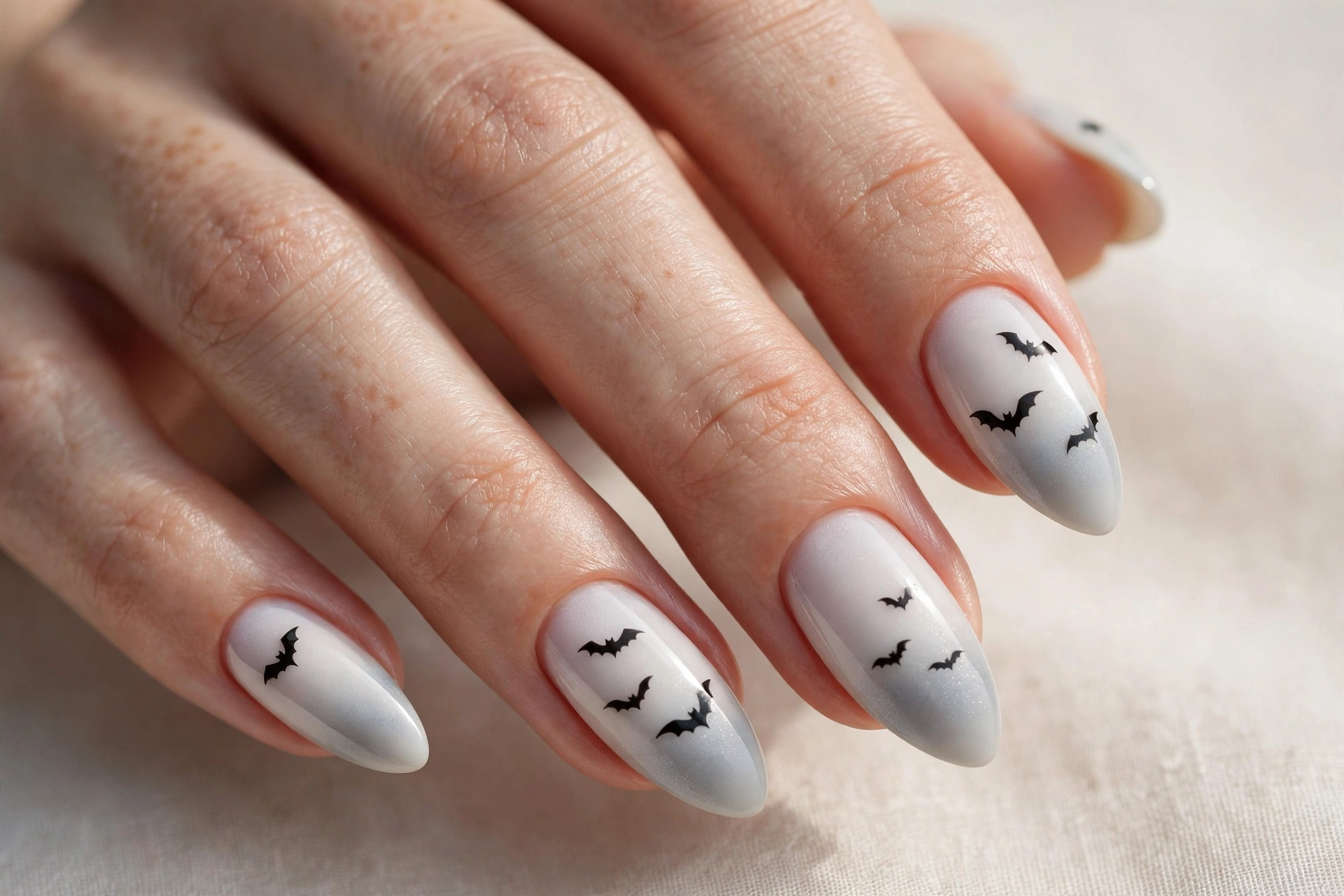 Milky white to gray ombre nails with black bat silhouettes