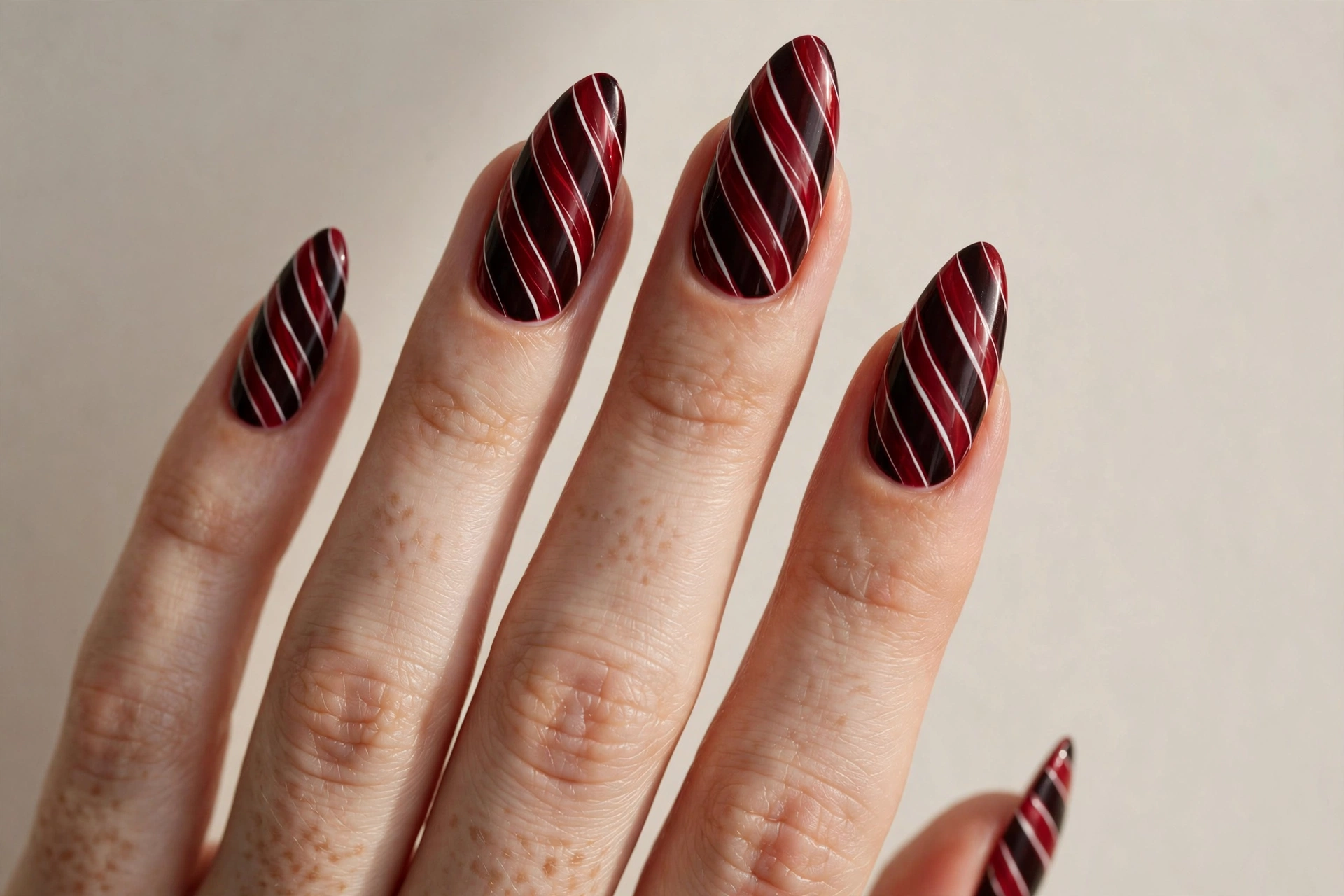 Diagonal red and black striped nails with white pinstripe lines