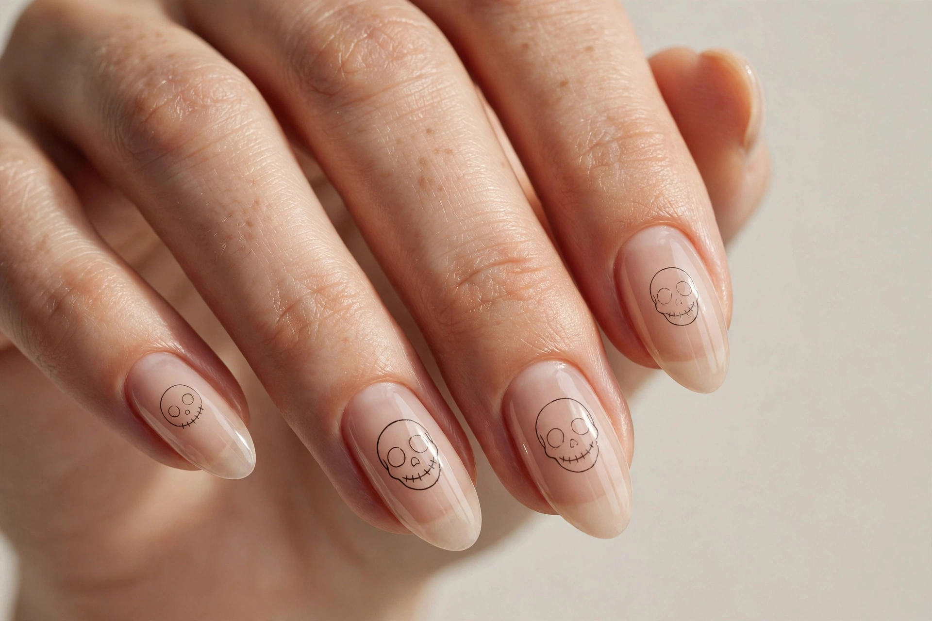 Sheer nude nails with delicate black line drawing of a skull face