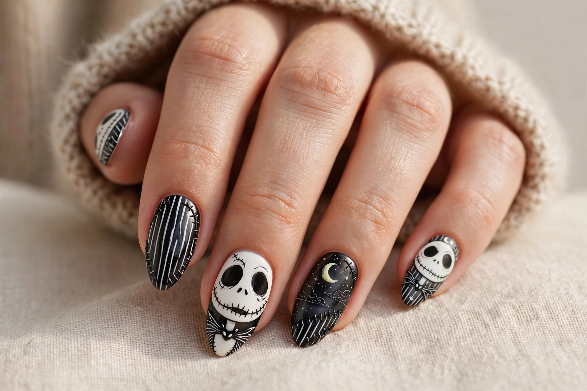 Hand with Jack Skellington themed nails, black and white pinstripes and stitched skull faces