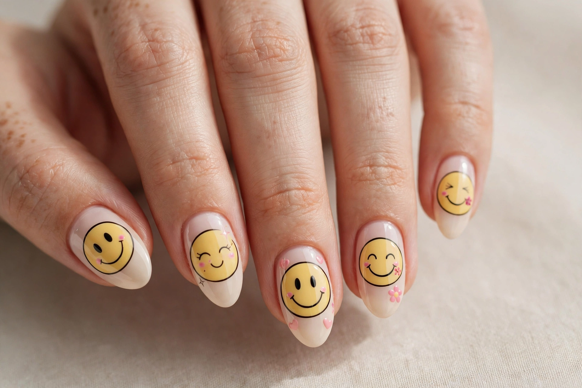 Cartoon smiley face kiddie nail design
