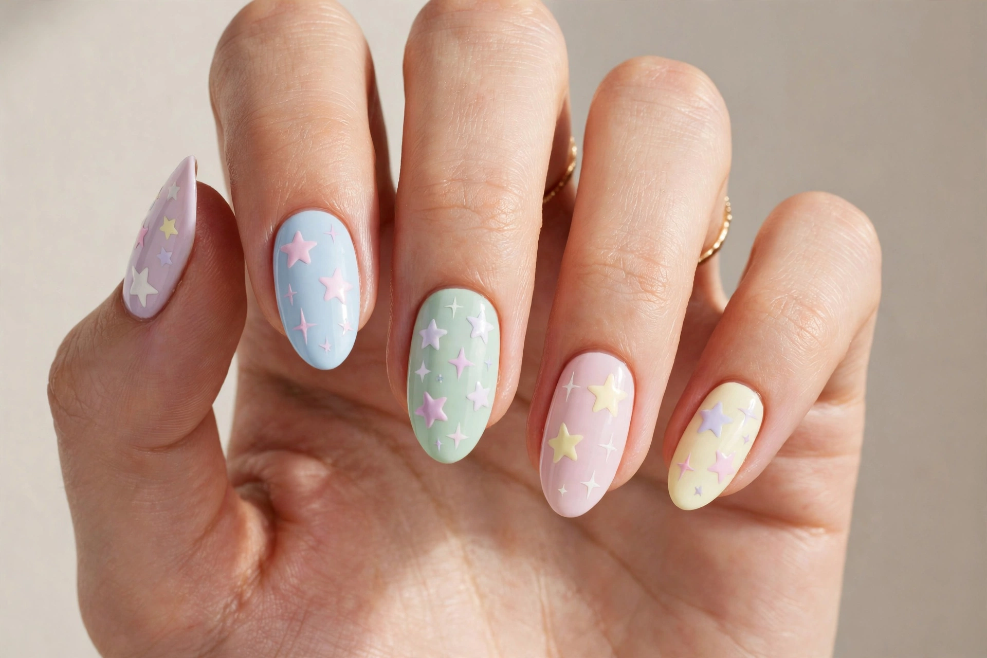 Pastel star shapes kiddie nail design