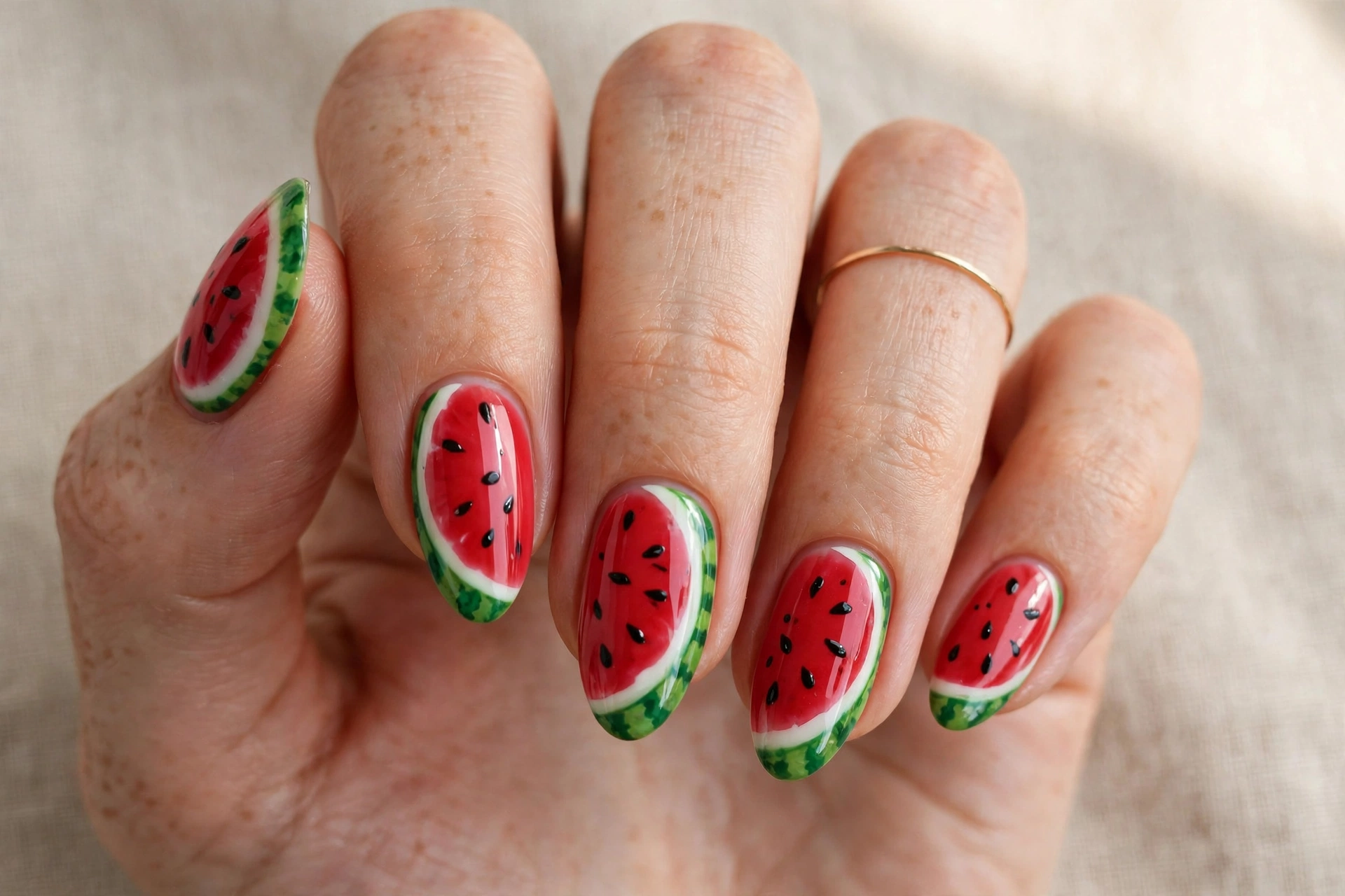 Watermelon slice kiddie nail design