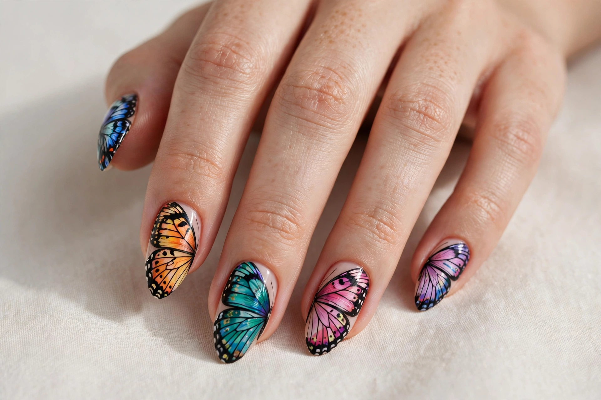 Colorful butterfly wing kiddie nail design
